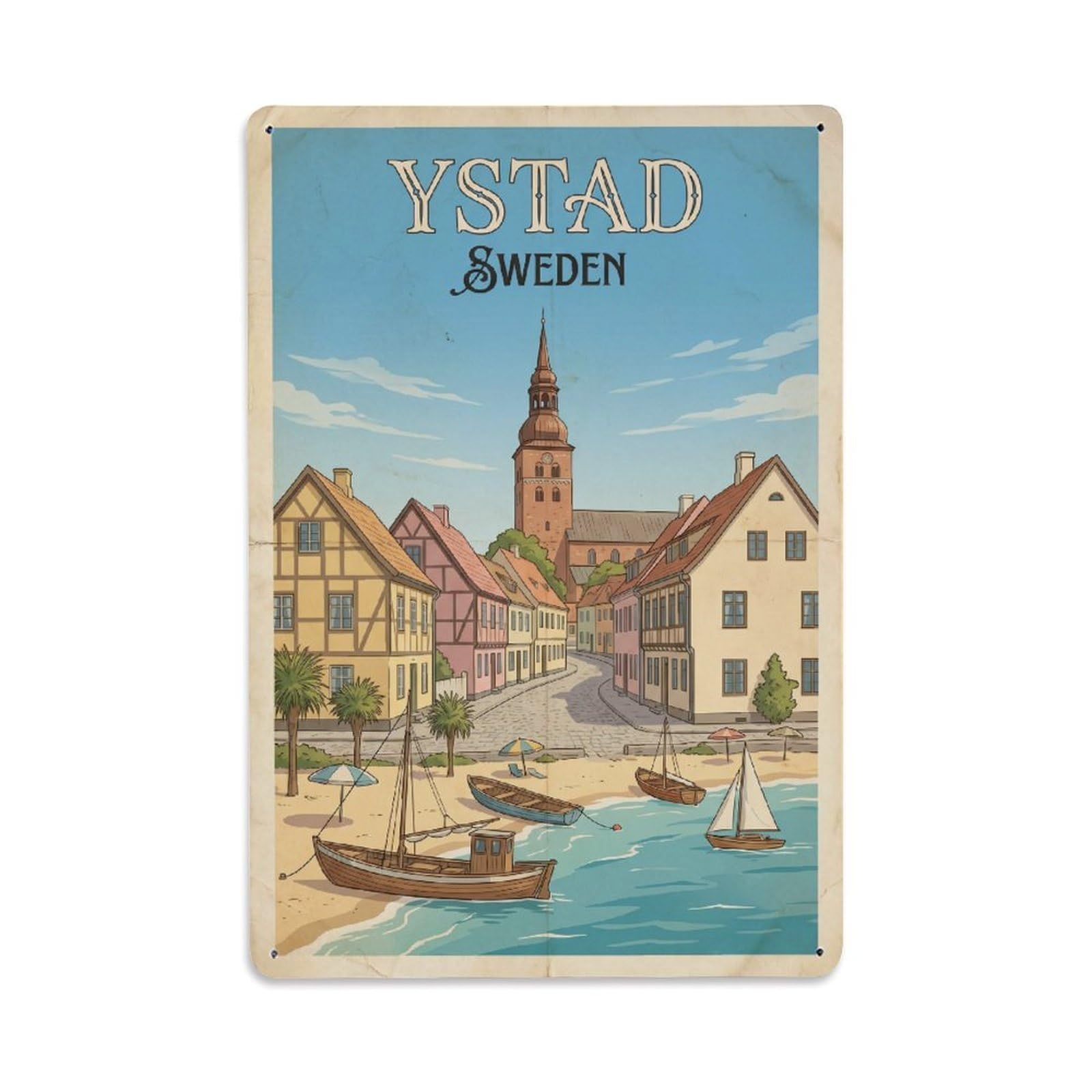 Vintage Sweden Ystad Travel Metal Tin Sign