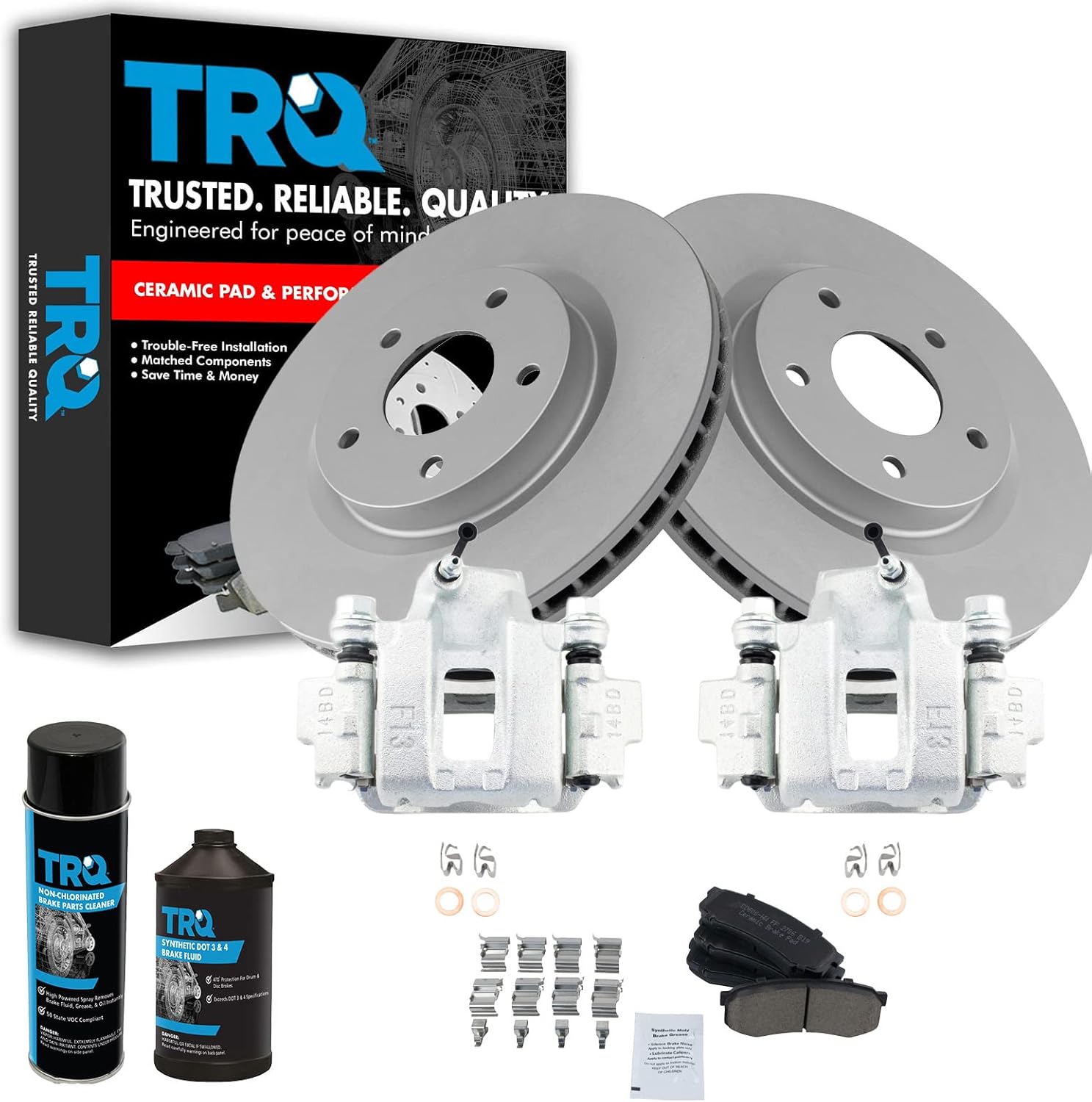 TRQ Rear Performance Brake Pad & Rotor Kit Brake Caliper Brake Chemical Kit Brake Pads Brake Rotors Set Ceramic Premium G-Coated Compatible with 2003-2009 Toyota 4Runner 2007-2009 FJ Cruiser