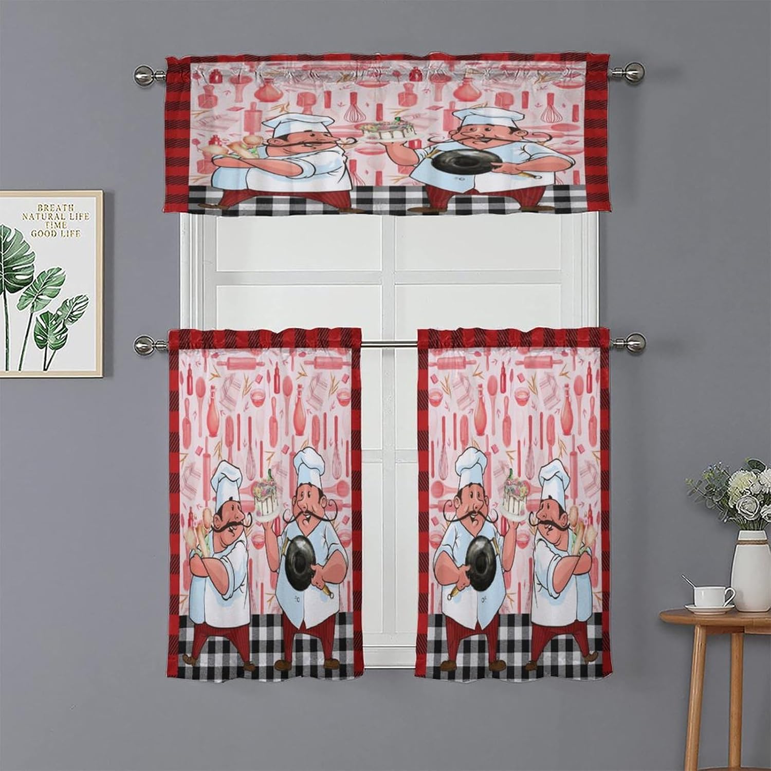 Brebasf Modern Anime Fat Chef Kitchens Valances for Window,Cartoon Geometric Plaid Cooking Theme Kitchenware Print Rod Pocket Curtain Valance Curtains,1 Valance(54"x18")&2 Tiers(27.5"x24")
