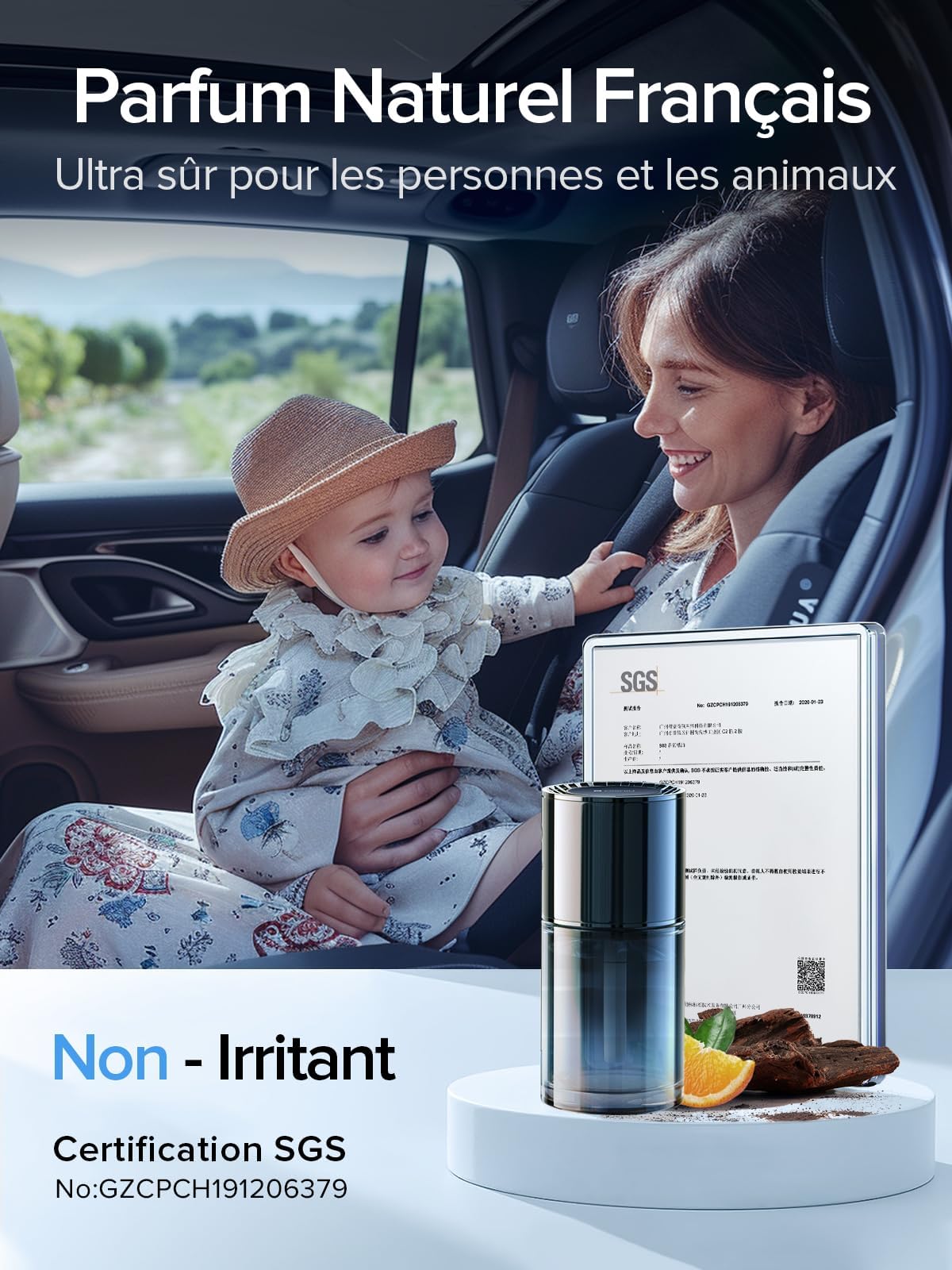 Desodorisant Voiture Ceeniu CF3, 135ml Parfum Naturel, Dure 4-8 Mois, Lumière Ambiante Silencieuse, Concentration Réglable, Auto On/Off, Batterie Intégrée, Car Air Freshener, Vacances Romaines