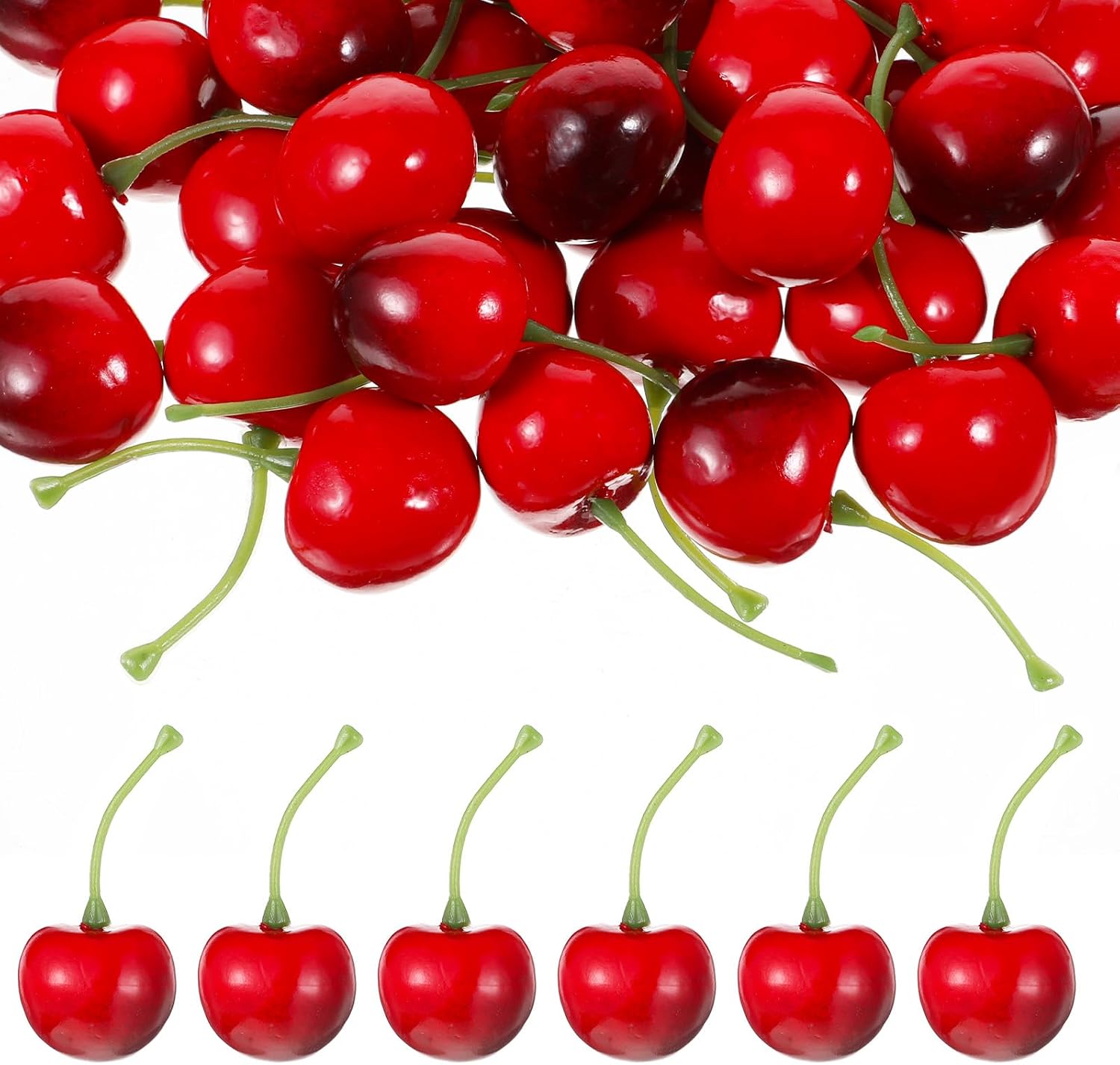 40 PCS Fake Cherries, 0.98'' Artificial Cherries, 2 Styles Red Fake Cherry for Home Kitchen Decor, Plastic Cherry for Cake Decoration, Food Photography, Desk Ornament