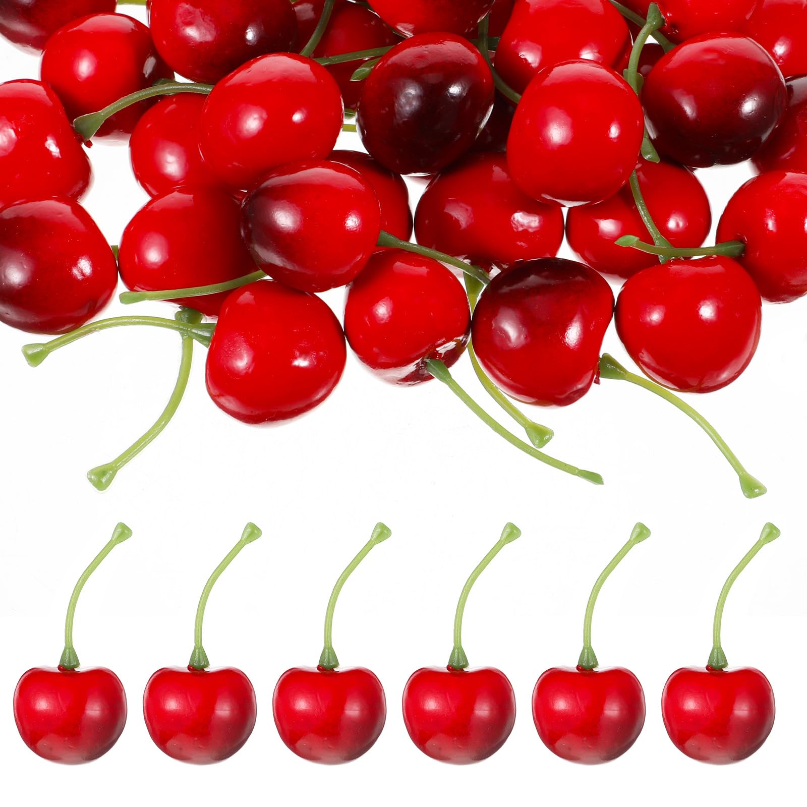 Tweruna 40 PCS Fake Cherries, 0.98'' Faux Cherries, 2 Styles Red Fake Cherrys for Home Kitchen Decor, Plastic Cherry for Cake Decoration, Food Photography, Desk Ornament