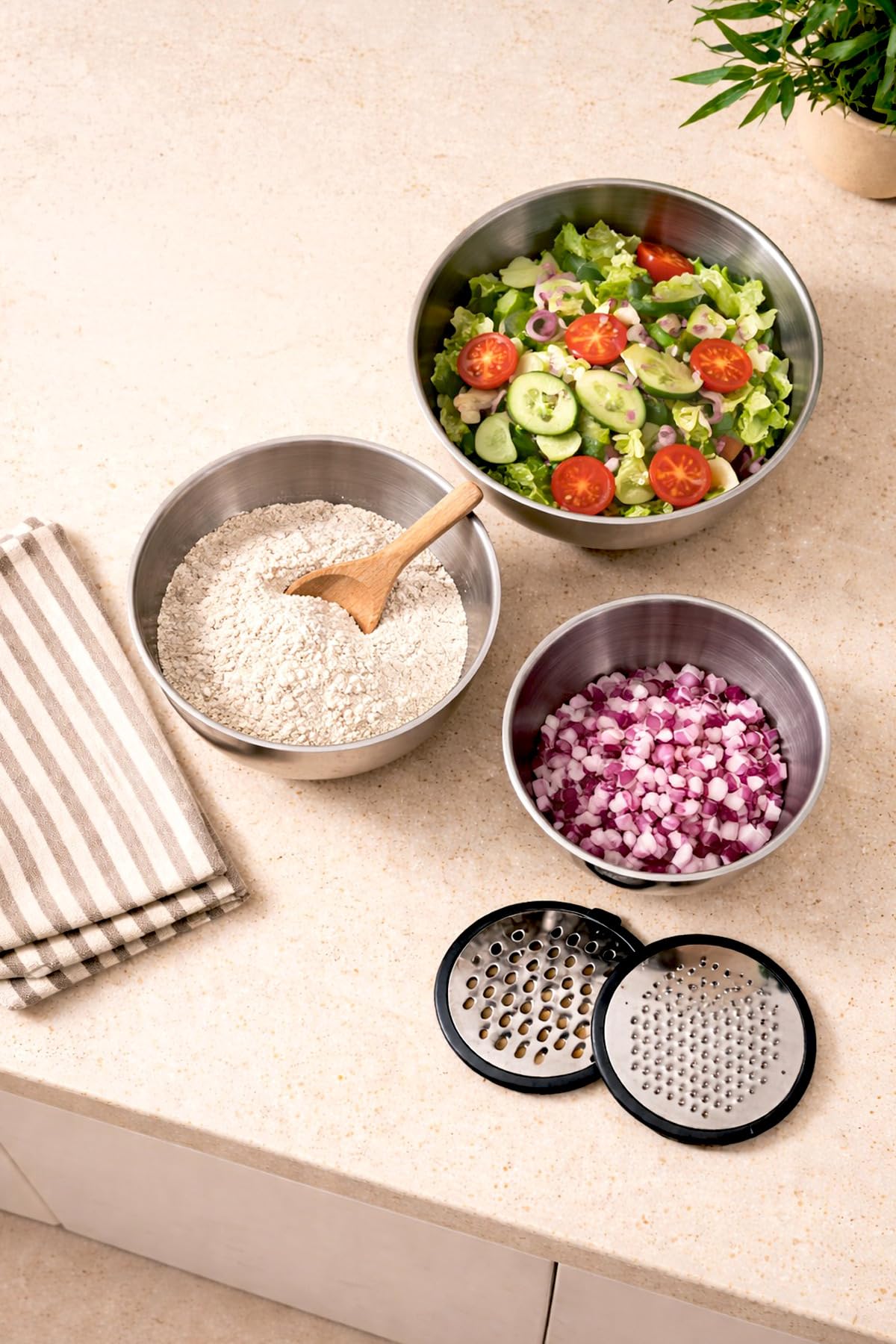 9-teiliges Edelstahl Rührschüssel Set mit Reibedeckeln – Profi Küchenschüsseln mit Rutschfestem Boden – Salatschüsseln, Rührschüsseln und Aufbewahrungsschüsseln