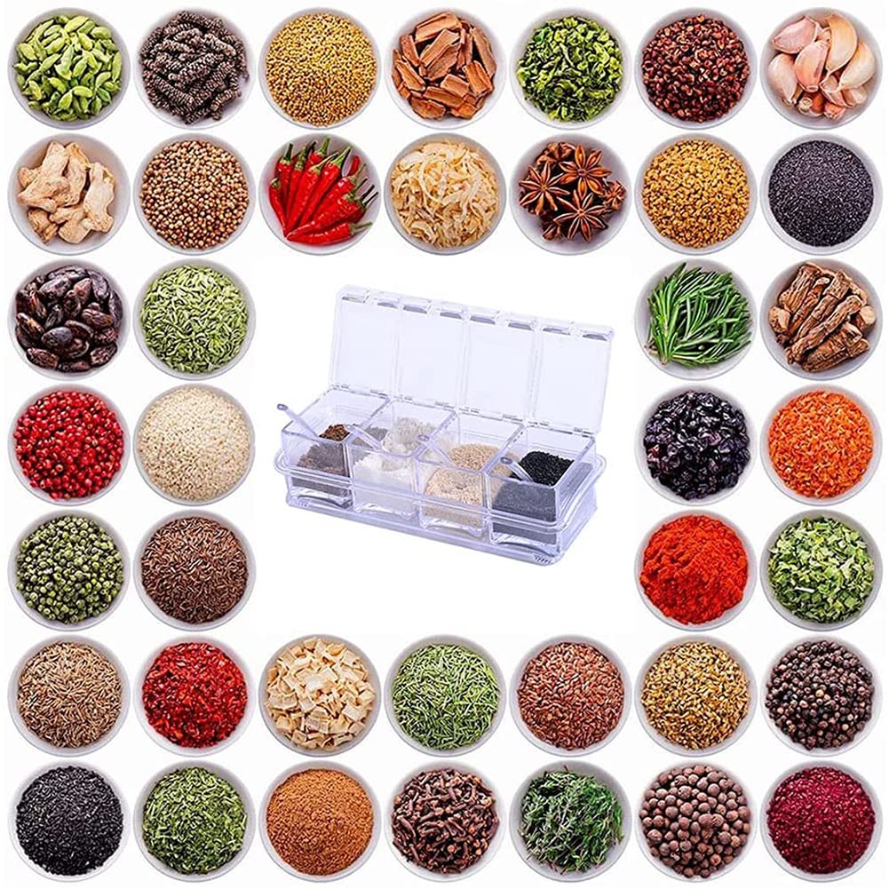 4 in 1 Condimento Box, Cucina Scatola di Spezie, Barattoli in Plastica per Speziecon, Barattoli per Spezie da Cucina, con Coperchio e Cucchiaio, per Conservare Sale, Pepe, Zucchero, Zucchero, Spezie
