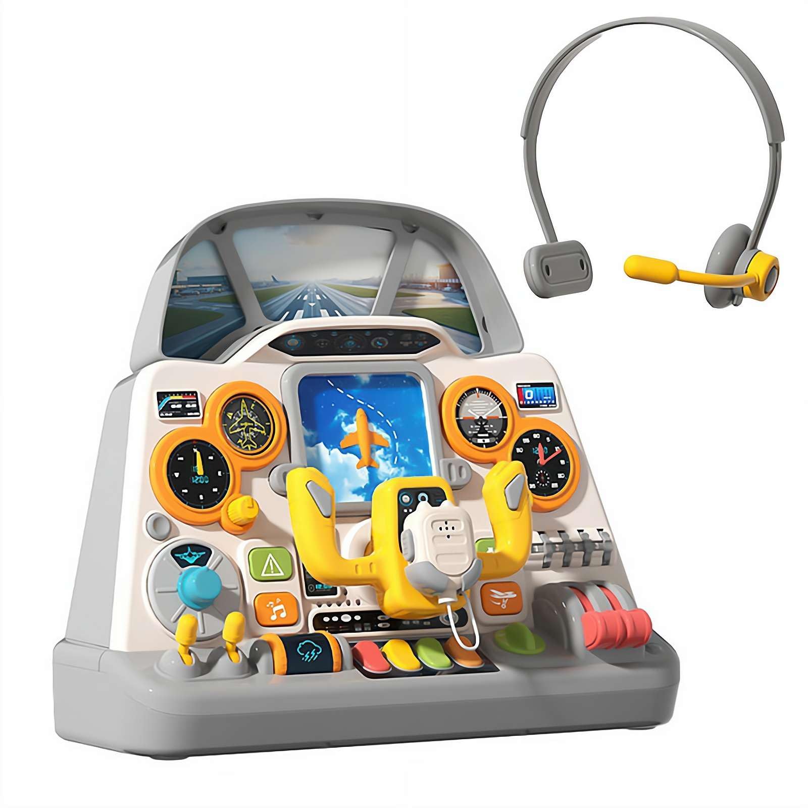 Kids Airplane Cockpit Toy with Lights & Sounds - Interactive Pretend Play Pilot Simulator, Educational Aviation Toy for Toddlers & Children (35x28x13cm), Includes Headphones for Immersive Play