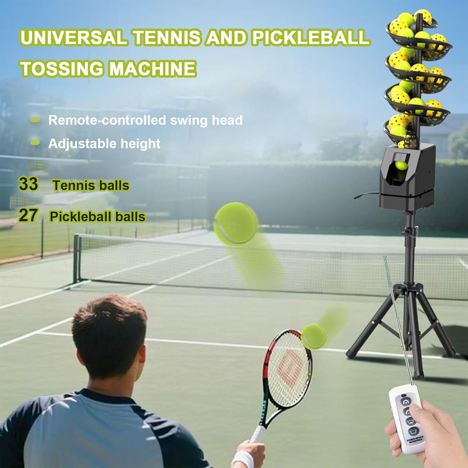 Automatic Tennis Ball Machine with Remote Control, Adjustable Height 23.6-41in, Triangular Base Design, Holds 33 Balls – Perfect for Training & Practice