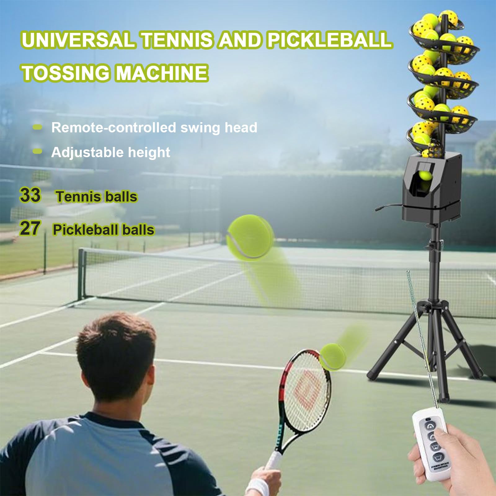 Macchina per Palline da Tennis Macchina per Palle da Tennis Leggero Macchina da Lancio da Tennis Collegare/Batterie 33 Palle, Allenamento Tennis in Campo o Garage