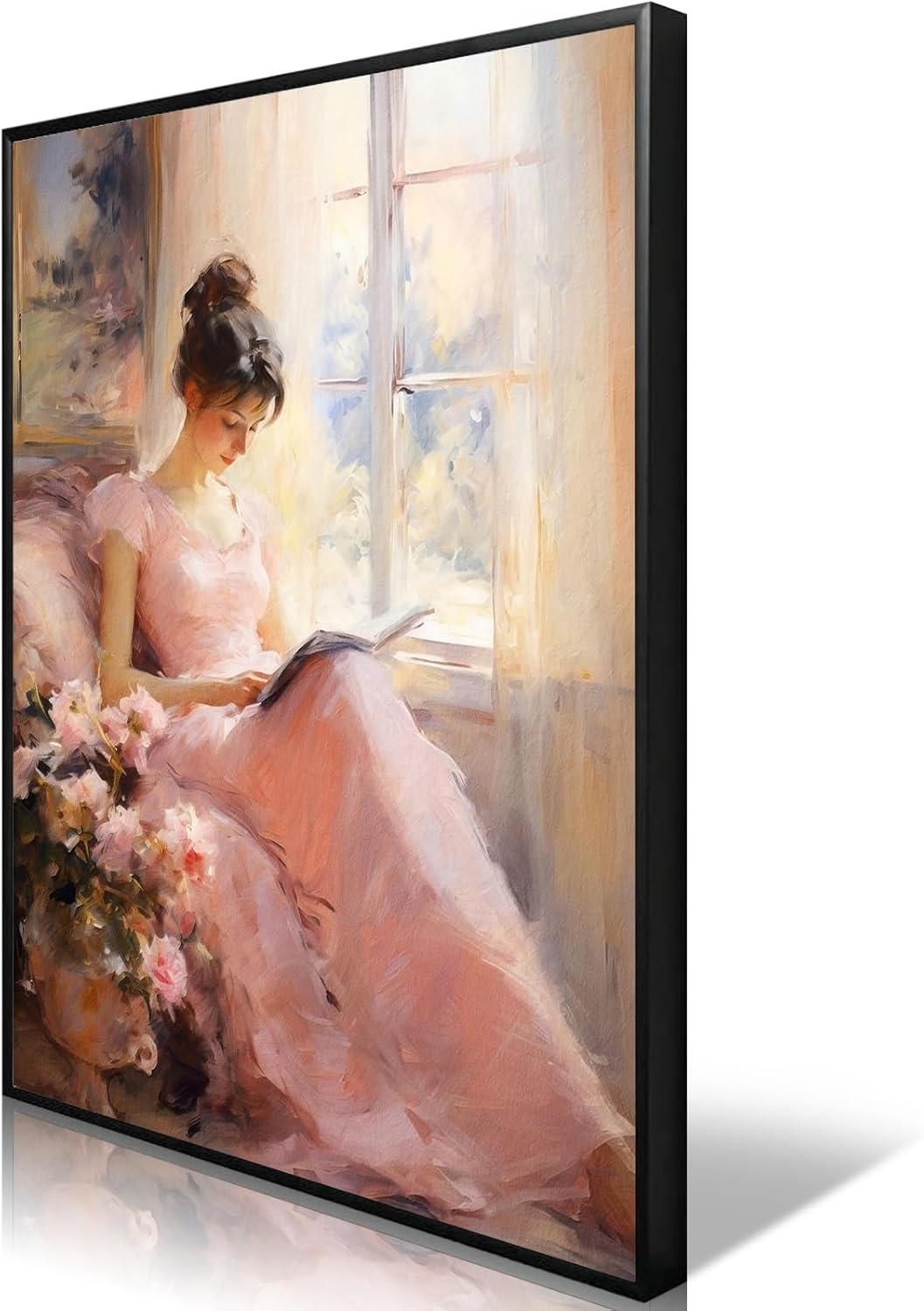 Huabsad Vintage Portrait Oil Painting Wall Art Retro Pink Girl Reading A Book Posters Famous Antique Female Canvas Pictures Prints Wall Decor Aesthetic for Bedroom Gallery Dorm 12x16in Metal Framed