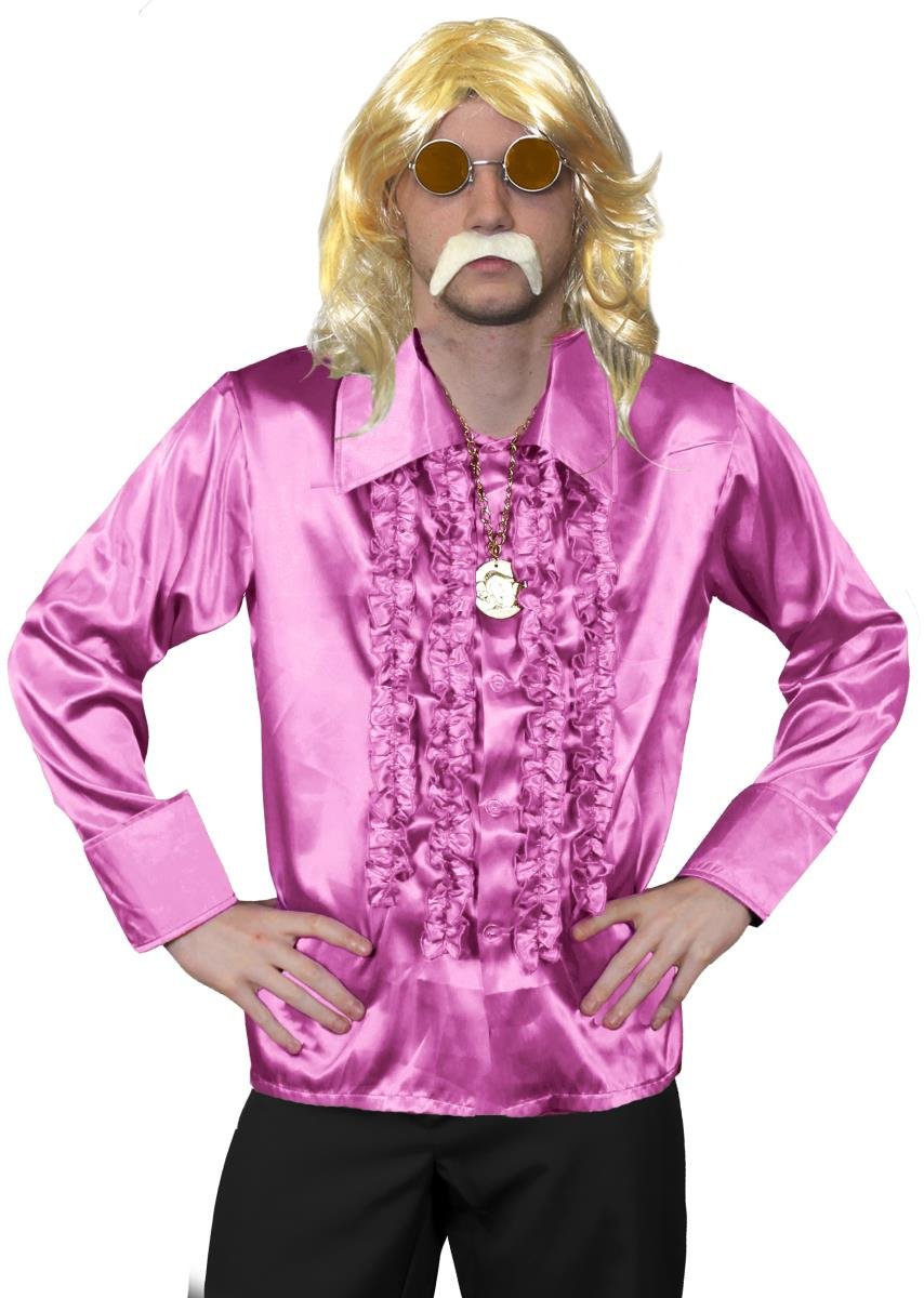 Mens 70s Disco Fancy Dress Costume - Mens Long Blonde Wig, Pink Disco Shirt, Gold Medallion, Orange Glasses + Blonde Moustache - Funky Fancy Dress Costume - Pink Shirt (X-large)