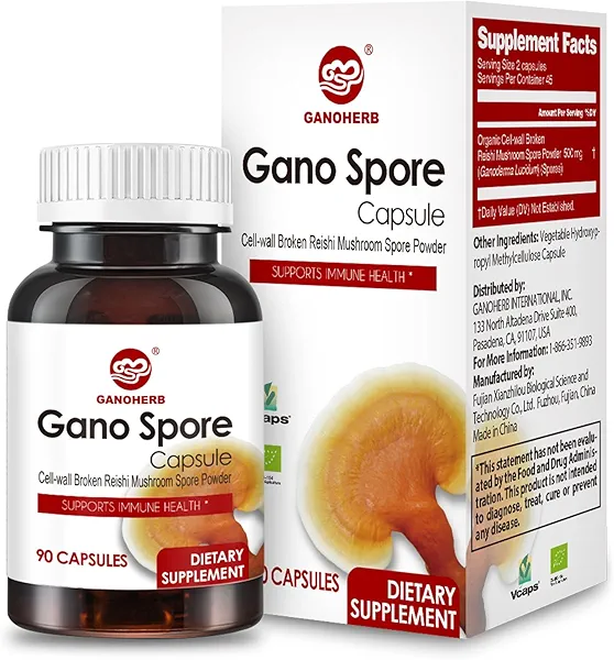 GANOHERB Organic Reishi Mushroom Capsules with 100% Ganoderma Lucidum Reishi Spore Powder for Boost Immune System, Vegan, All Natural, Non-GMO & Gluten Free, 60 Veggie Capsules