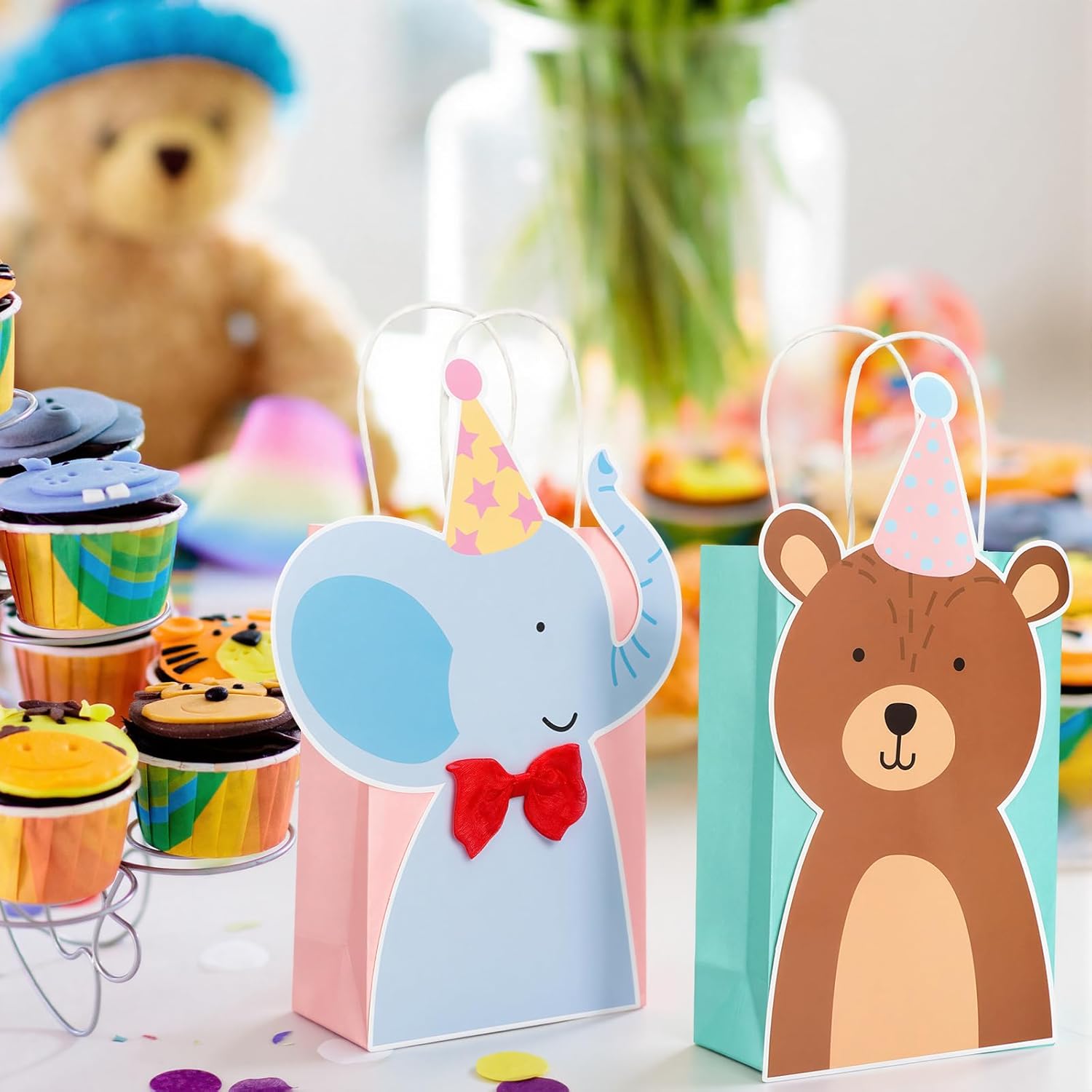 Marspark 20 Pcs Animal Parade Party Gifts Bags with Handles Cute Safari Animal Design Woodland Jungle Paper Bags for Jungle Theme Baby Shower Zoo Wild Birthday Party Supplies