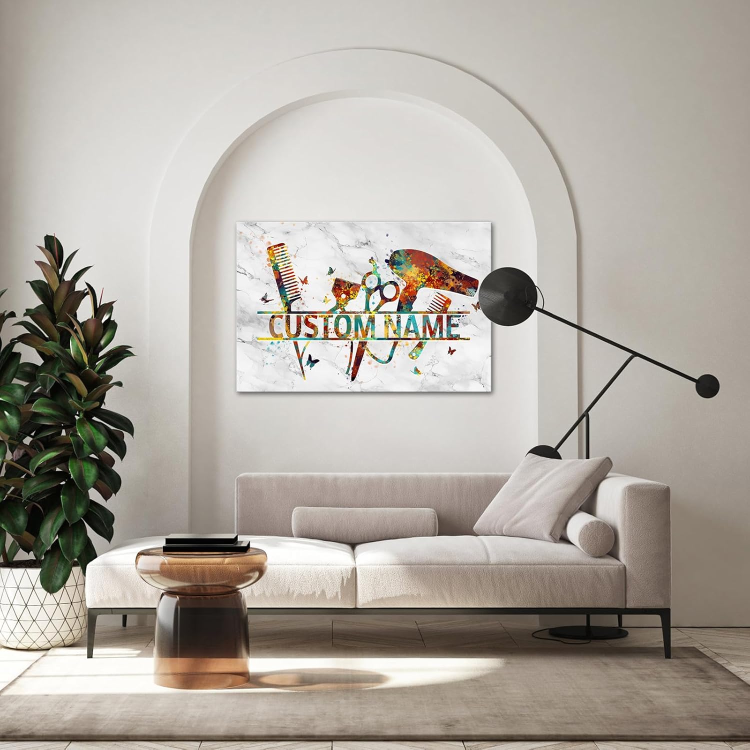 iLOOKLiKE Personalized Hair Salon Sign with Name Wall Art Custom Hair Stylist Name Canvas Prints Grooming Salon Hairdresser Tools Painting Customized Gifts for Beauty Room Sutdio Barbershop Decor
