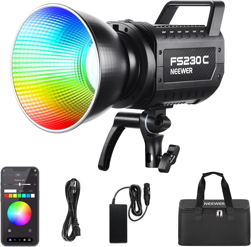 NEEWER 230W Luz de Video LED RGB de Alta Potencia, Control APP/2.4G, 2500K-7500K 23000lux/1m COB Iluminación de Salida Continua, 17 Efectos CRI95+ Foco Bowens para Fotografía de Estudio Grabación de Video, FS230C