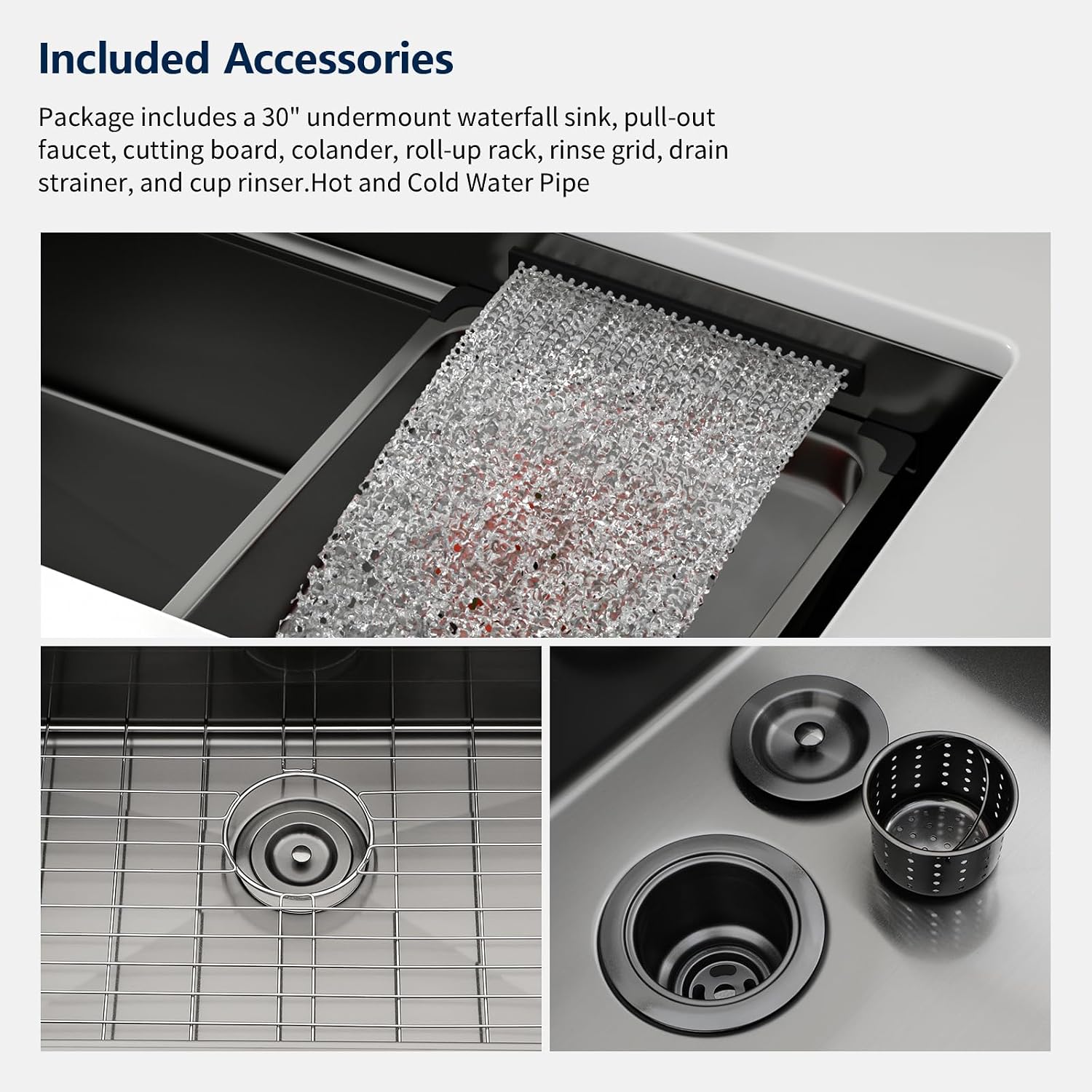 Logmey 30" Undermount Waterfall Sink with Pull-out Faucet & Temperature Control Knob,Nano PVD Gunmetal Black 30x17 Double Step Workstation Kitchen Sink,16 Gauge All in One Single Bowl Sinks