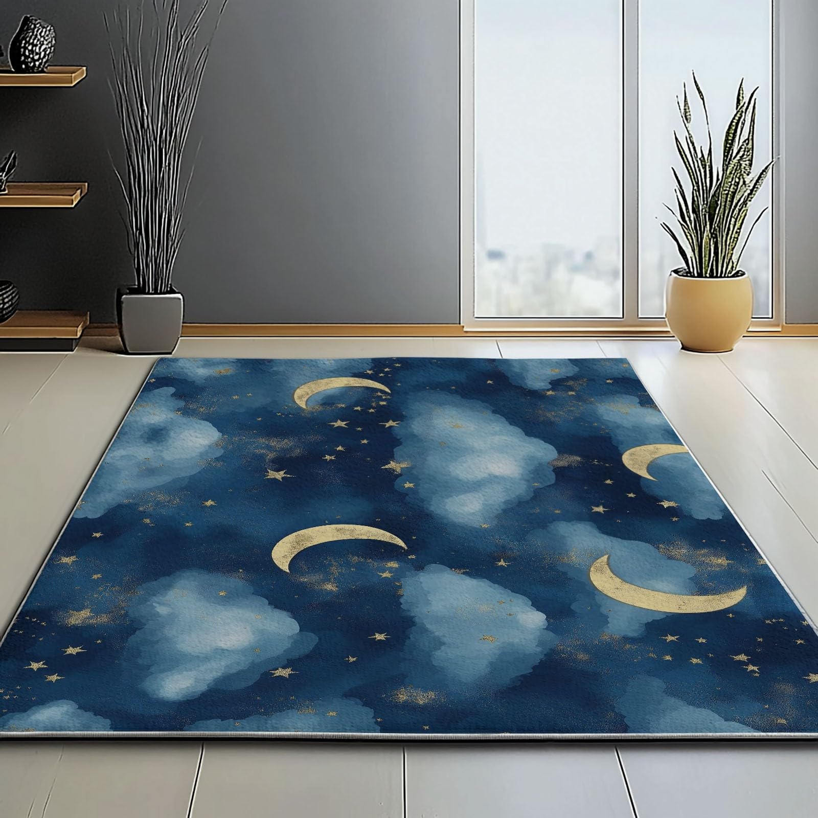 Lavabile in Lavatrice Tappeto per Soggiorno Camera da Letto Ufficio Decorazione 120 x 180 cm, Stile Acquerello Cartone Animato Nuvole Luna Tema Flanella Tappeti con Supporto Antiscivolo, Blu Scuro