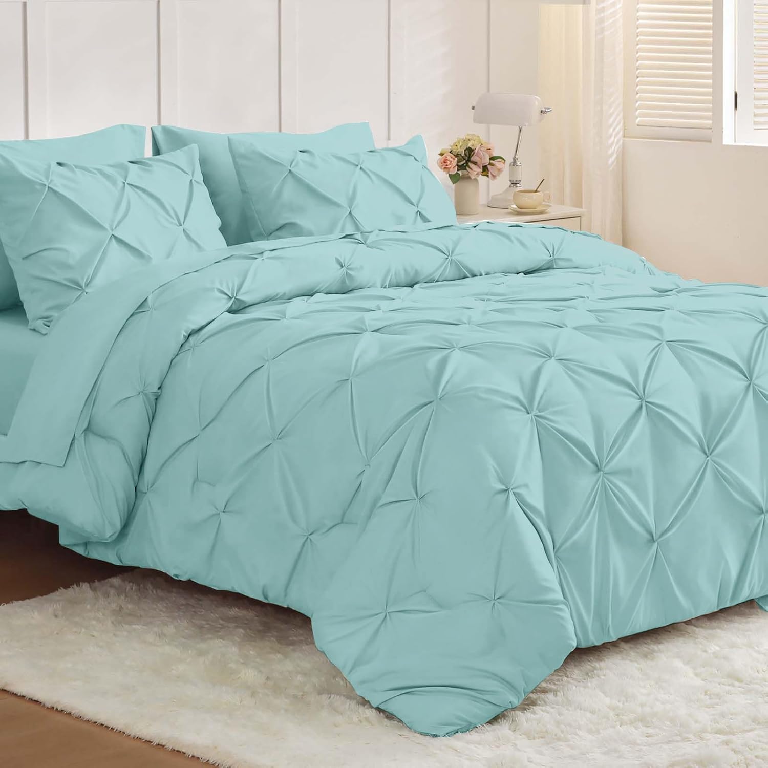 JOLLYVOGUE Queen Comforter Set 7 Pieces - Bed in a Bag Queen for All Season, Pintuck Bedding Comforter Sets with Comforter, Flat Sheet, Fitted Sheet and Pillowcases & Shams, Lake Blue Queen Lake Blue