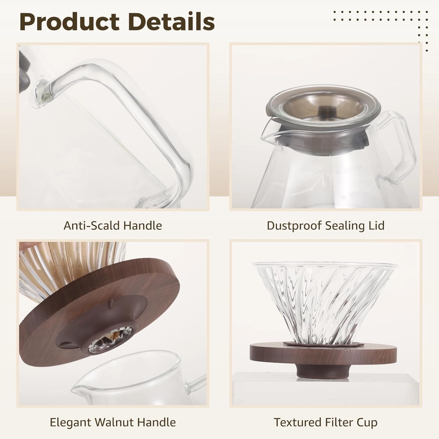 Pour Over Coffee Maker Set, 20 oz Glass Coffee Pot with Lid, Filter Cup, 100 Paper Filters, Glass Coffee Bottle for Home Camping