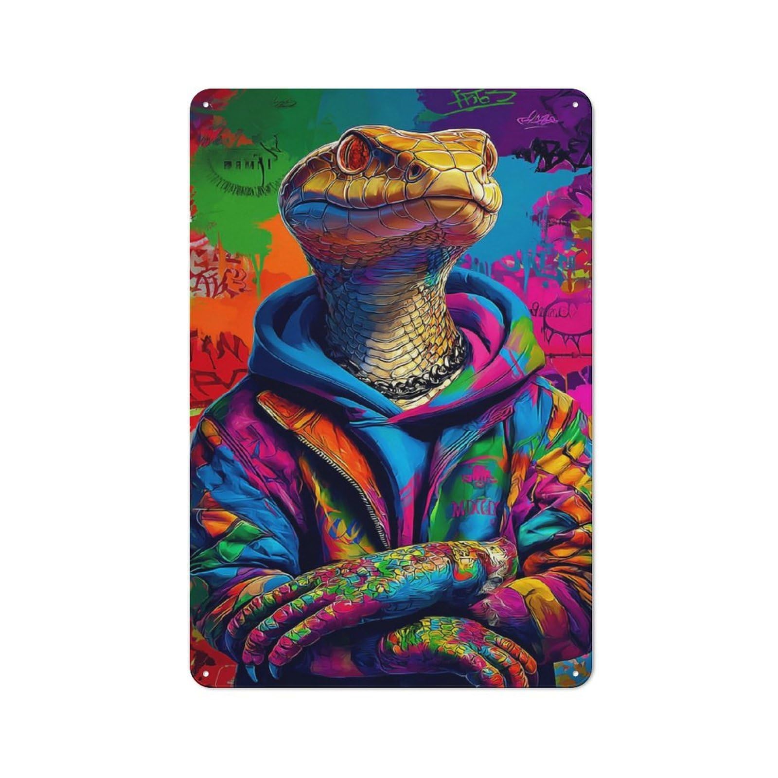 Junmoney Colorful Snake Hoodie Artwork Metal Sign 30X20cm With For Workshop Wall, Rustic Decor, Wall Decoration For Workshops And Hobby Rooms