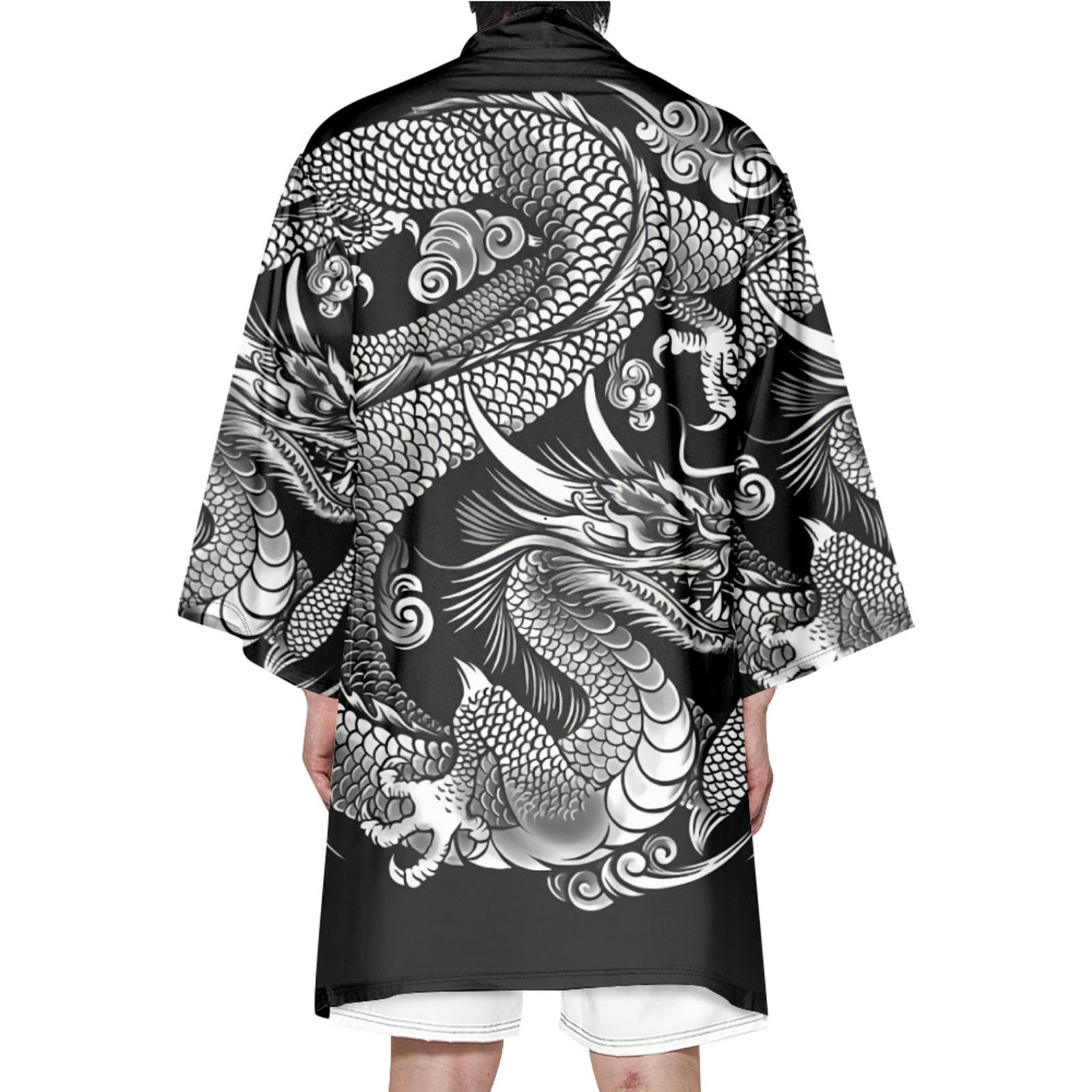 Men Japanese Kimono Cardigan - Chinese Style Dragon Printed Dressing Gown Japanese Robes Cardigan - Summer,Black-M