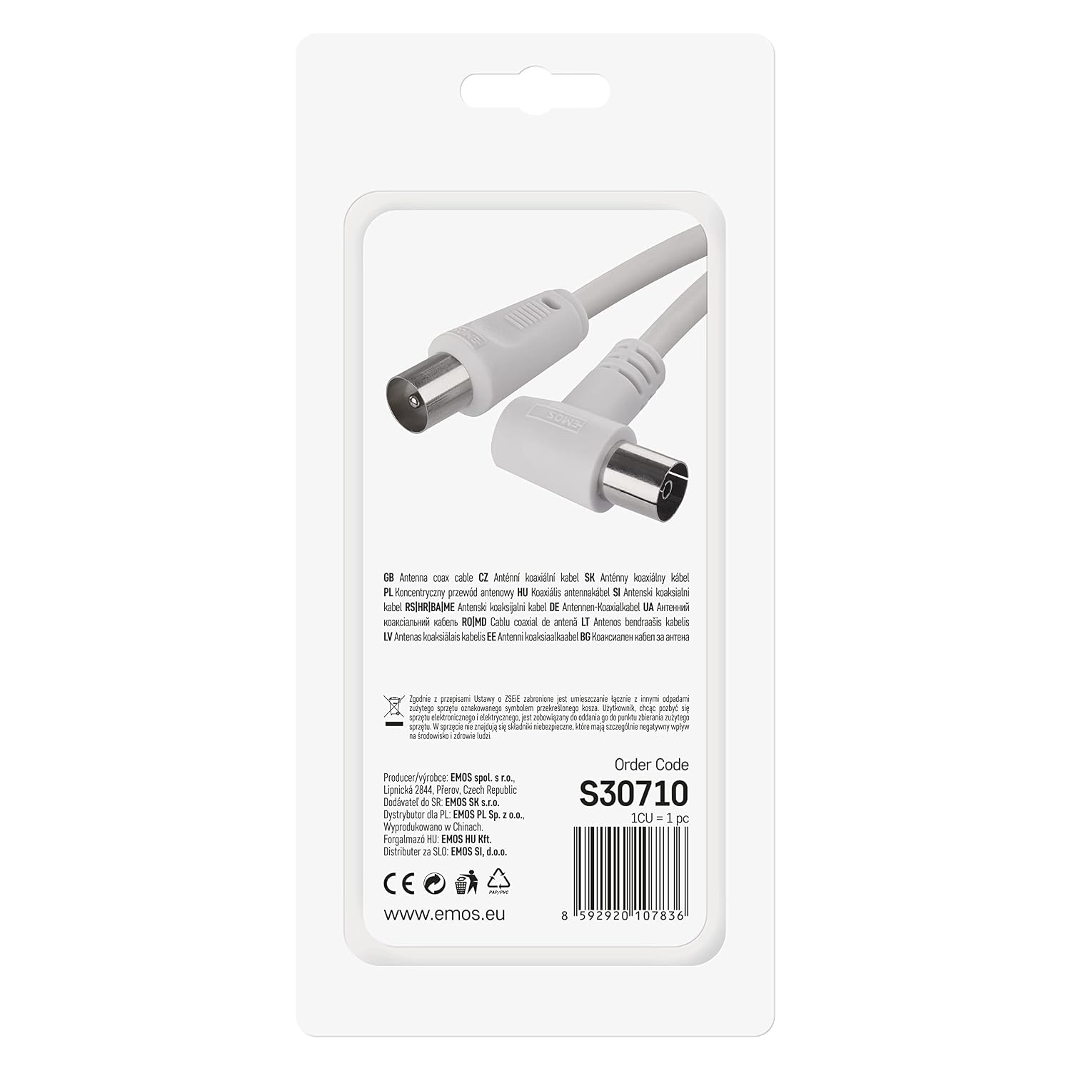 EMOS Aerial Cable, Coaxial Cable, TV Cable, 7.5 m, Coax Cable for Digital TV, Receiver, SAT, Double Shielded, Straight Coax Male to Angled Coax Female (90° Degree)