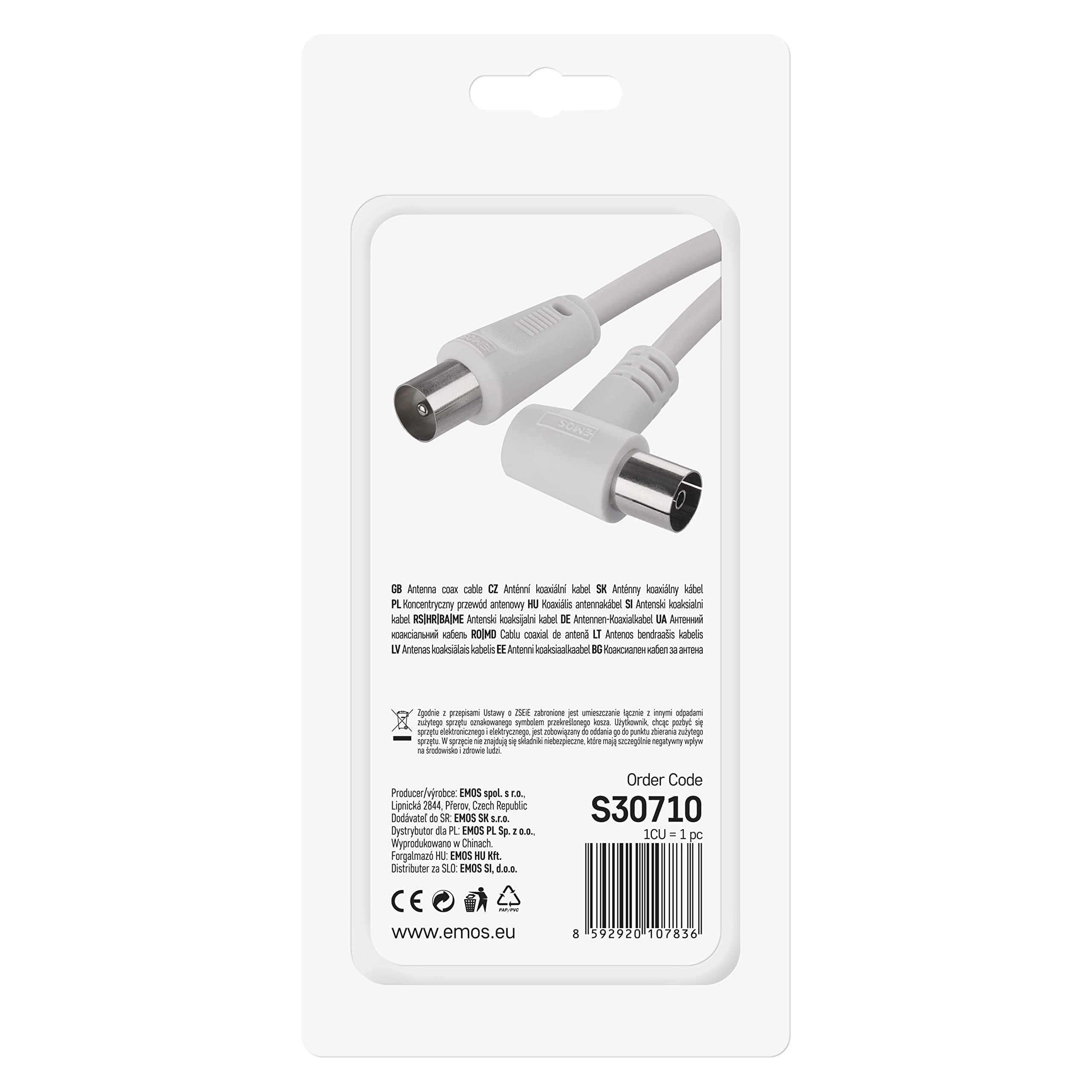 EMOS Câble d'Antenne Coaxial pour TV Numérique, Récepteur, SAT - Double Blindage, Connecteur Mâle Droit vers Femelle Coudé (90°)