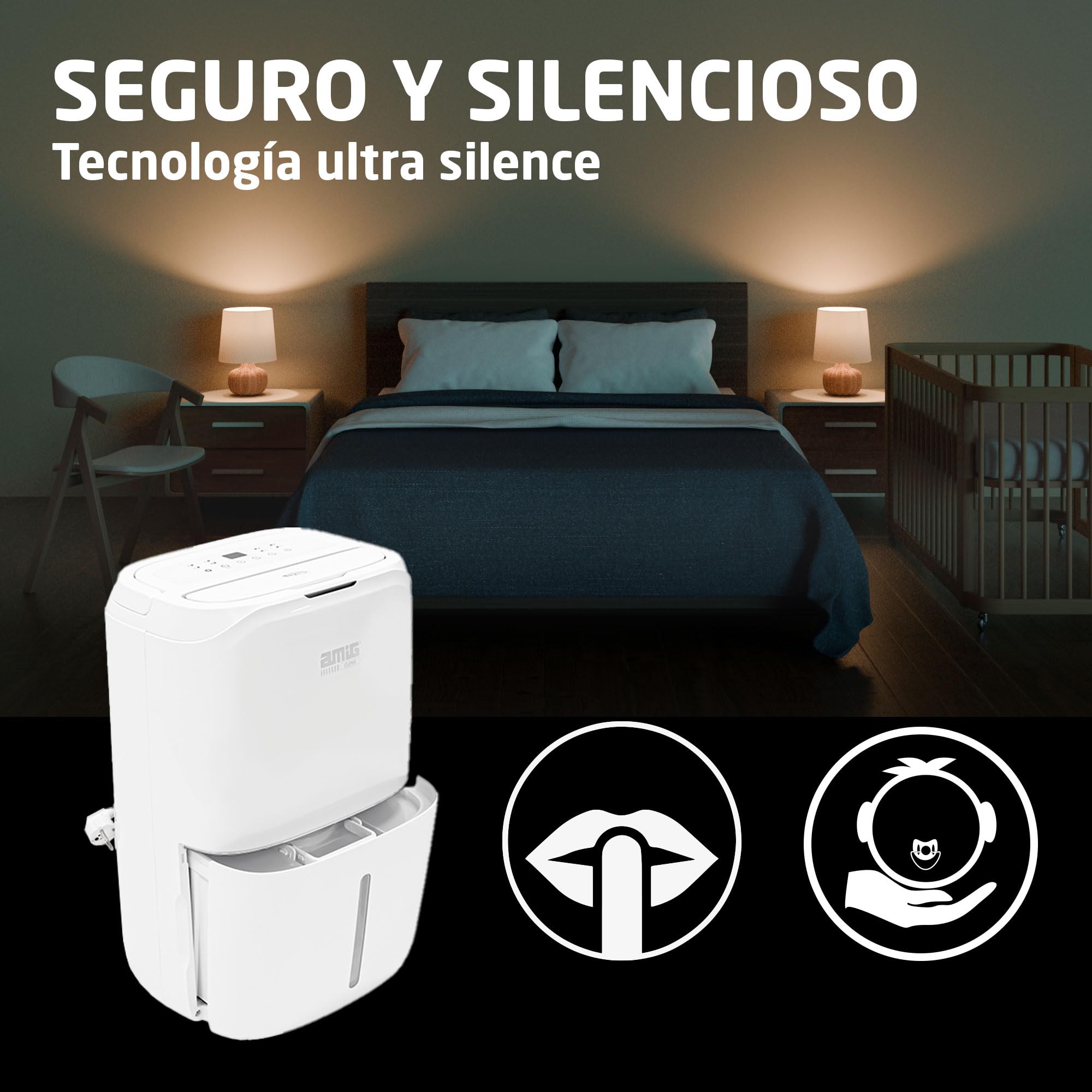 Amig - Deshumidificador MIST - Capacidad 20L/día - Depósito extraíble 6,5L - Control de Humedad y Temporizador - 36 x 28 x 56 cm - 260W - Cobertura 165m3/h - Silencioso 45 dB - Secado de Ropa