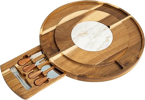 Miniatura 8 de Ksilo Juego de tablas redondas extra grandes, 17 pulgadas, tabla de queso de madera de acacia de primera calidad y juego de cuchillos con plato de