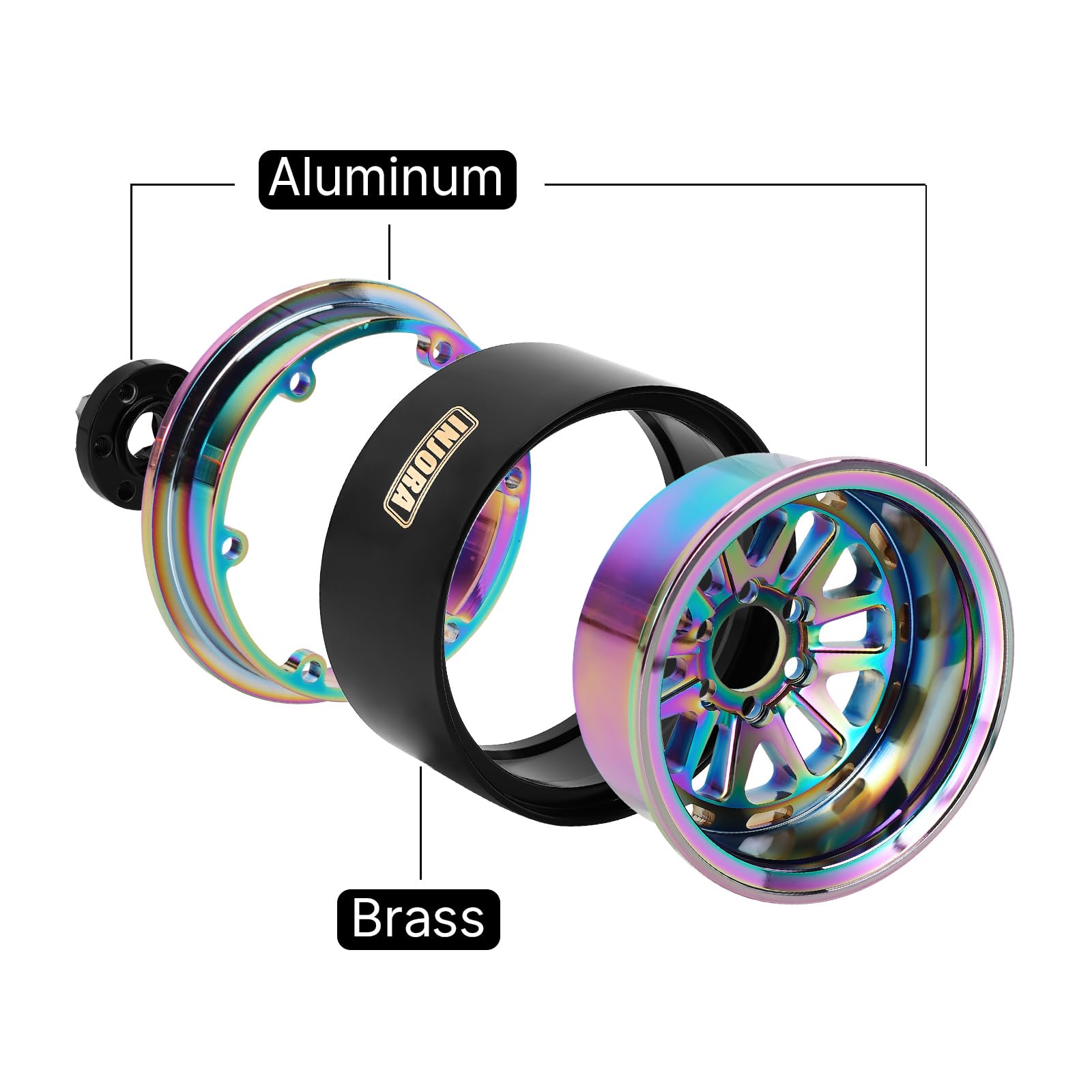 INJORA 2.2" Beadlock Wheel -10mm Offset Brass & Aluminum Rim 205g for SCX10 TRX4 1/10 RC Crawler, Multi-colored, 61.5mm (2.42in) - Image 2