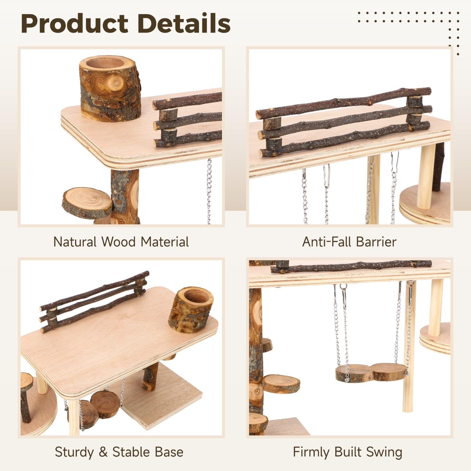 Parco giochi per criceti in legno, 45 x 30 x 27,2 cm, con piattaforma interattiva, scale, altalena, ciotola per cibo, giocattoli da masticare per piccoli animali domestici