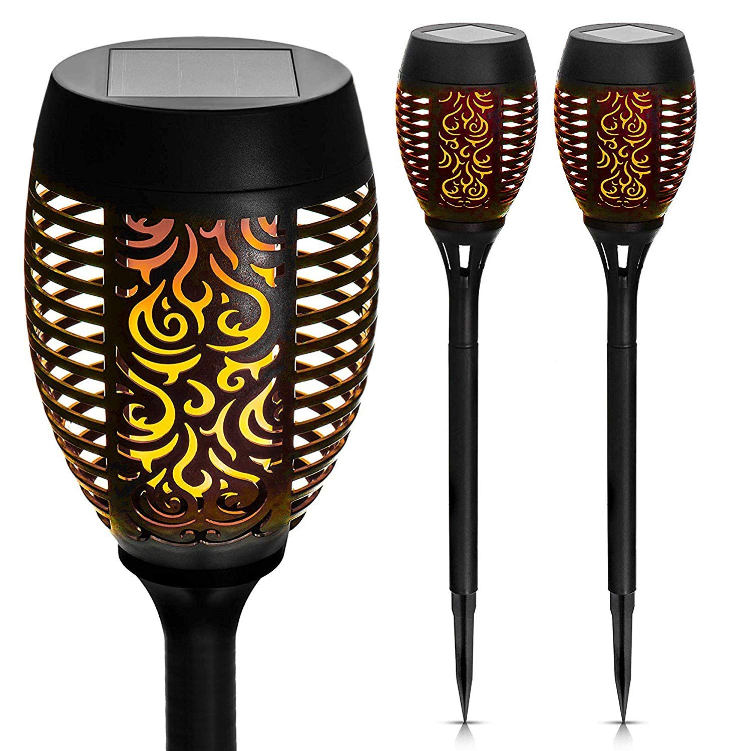 Garden Mile Flame Effect Solar Garden Outdoor Lights - Waterproof Dancing Flickering Modern Tiki Torches LED Light Solar Outdoor Garden Ornaments Security Light for Patio, Yard, Pathway - (Set of 2)