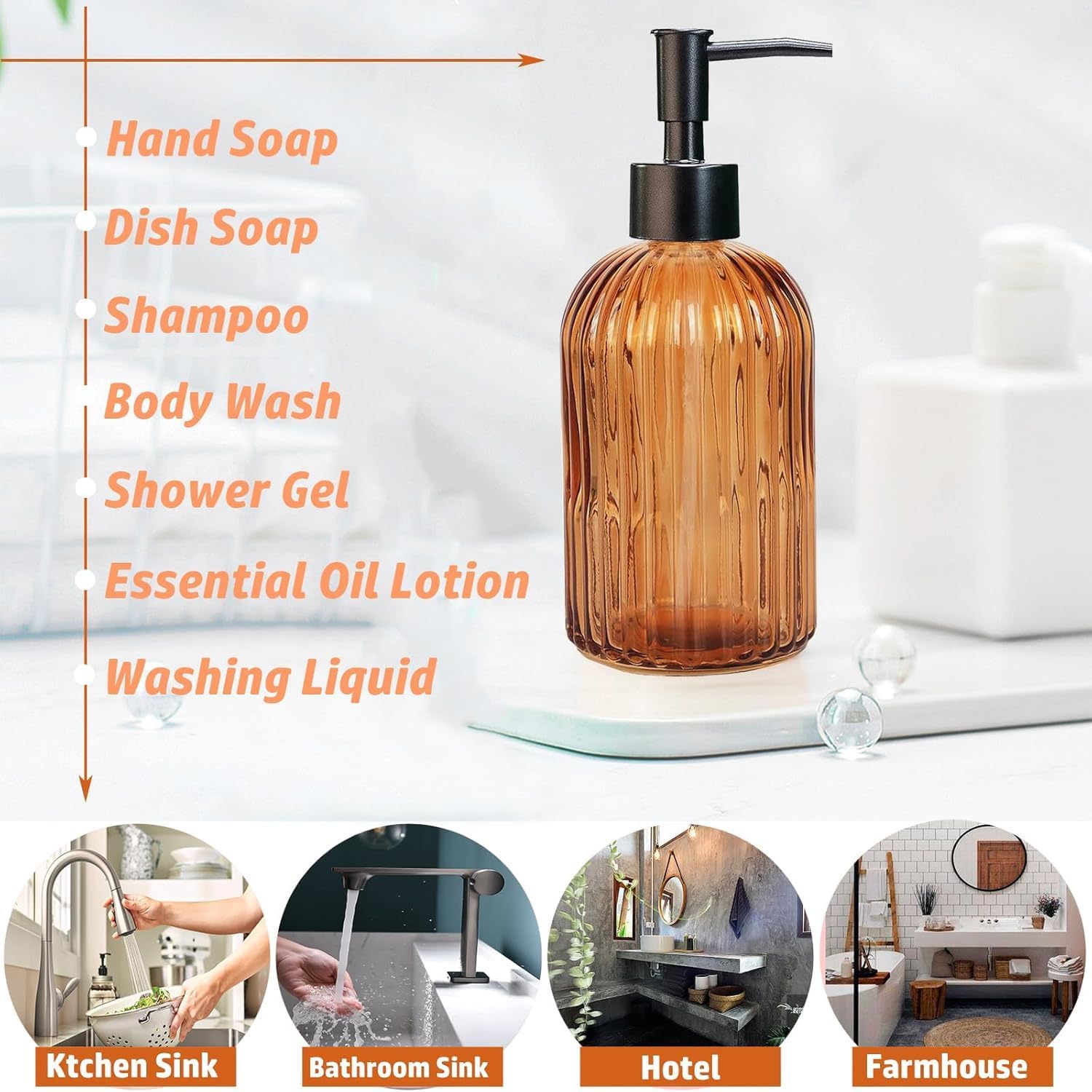 14 OZ Amber Glass Soap Dispenser with Black Plastic Pump & Funnel, Refillable Liquid Hand Soap Dispenser for Bathroom Kitchen, Pump Bottle Dispenser for Dish Soap Shampoo Lotions Essential Oil - Image 7