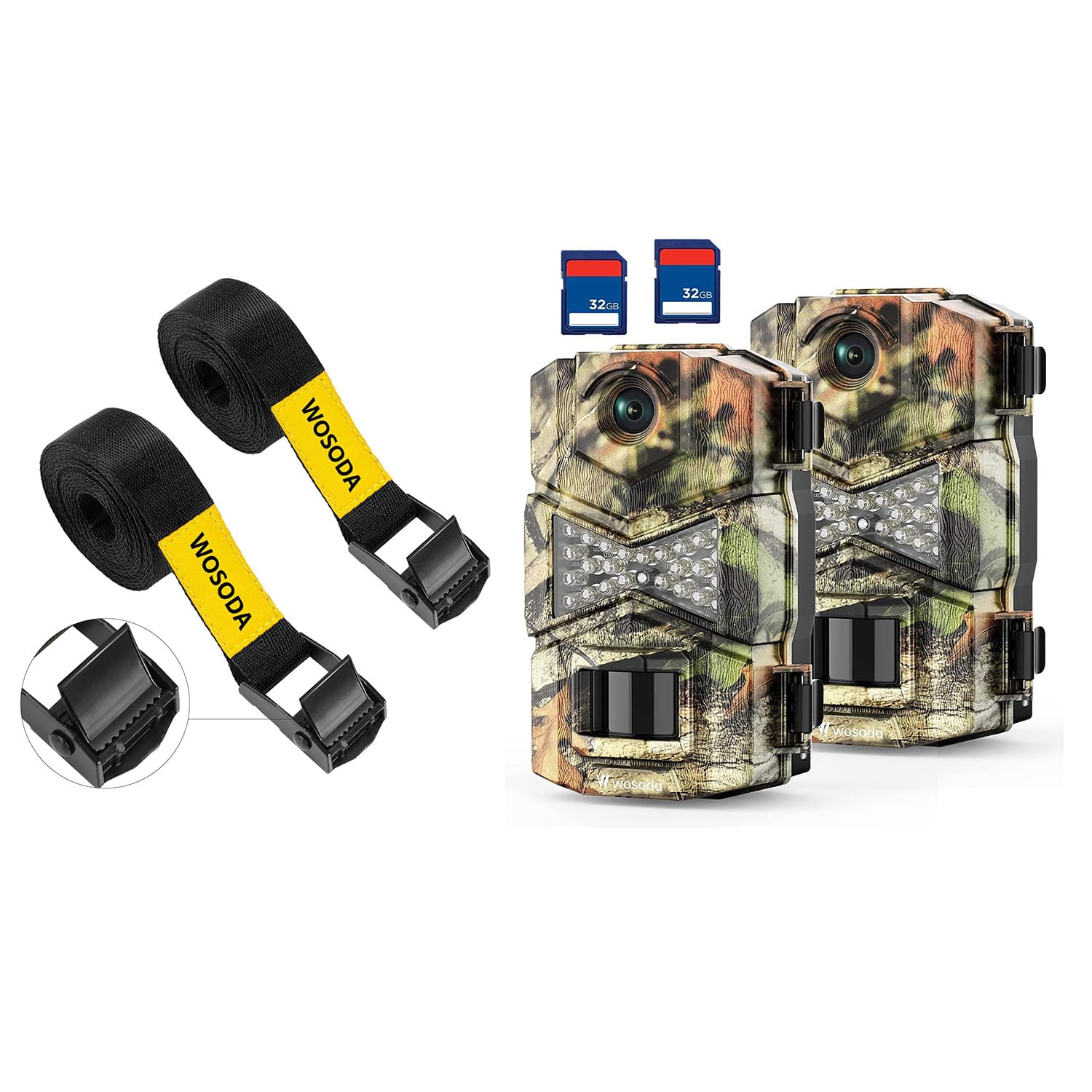 WOSODATrail Camera 2 Pack 24MP 1080P HD+Trail Camera Straps 2 Pack,Game Camera with 32GB SD Card,