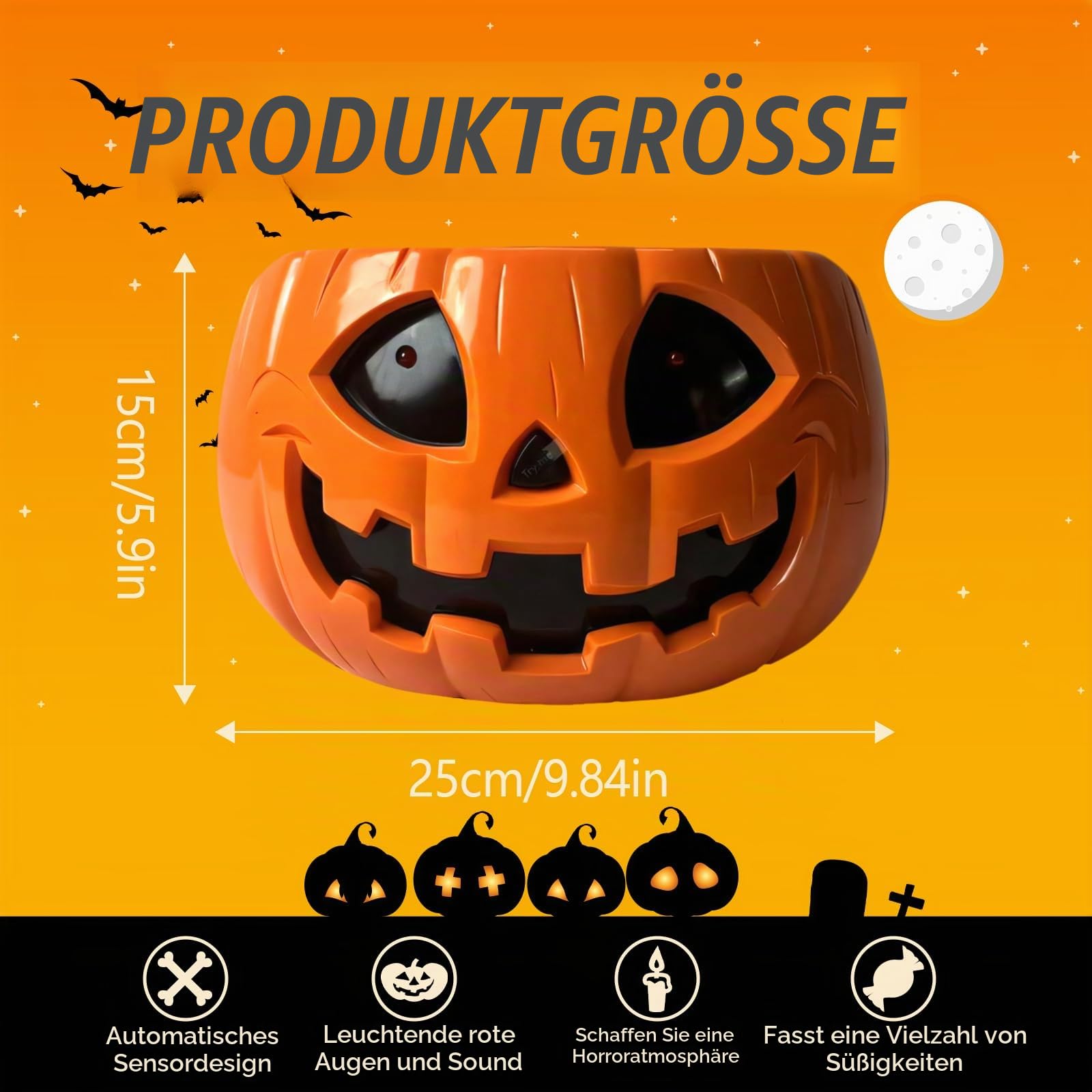 Baoblaze Halloween-Kürbis-Bonbonschale, animierte Halloween-Totenkopfschale, gruselige Requisiten, realistisch mit beweglicher Skeletthand für die
