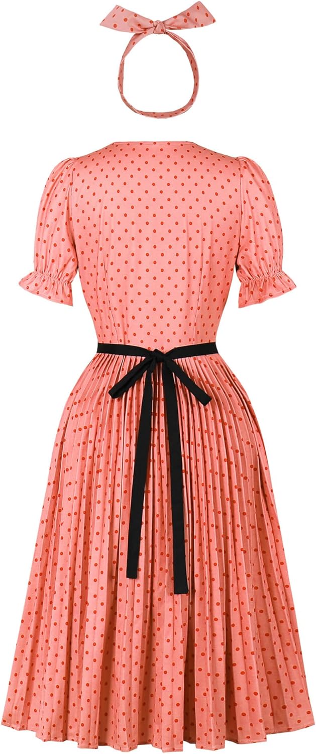 Wellwits Women's Polka Dots Ruffle Puff Sleeves Pleated Vintage Dress - Image 2