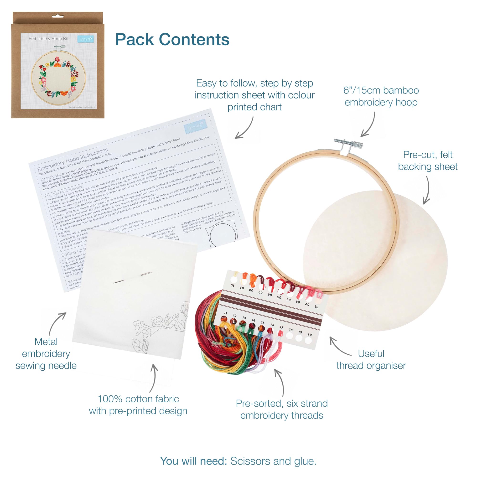 Trimits Embroidery Hoop Kits, 15cm 6” Beginner Starter Set, Includes Bamboo Hoop Threads Cloth Needle Backing & Instructions - Image 3