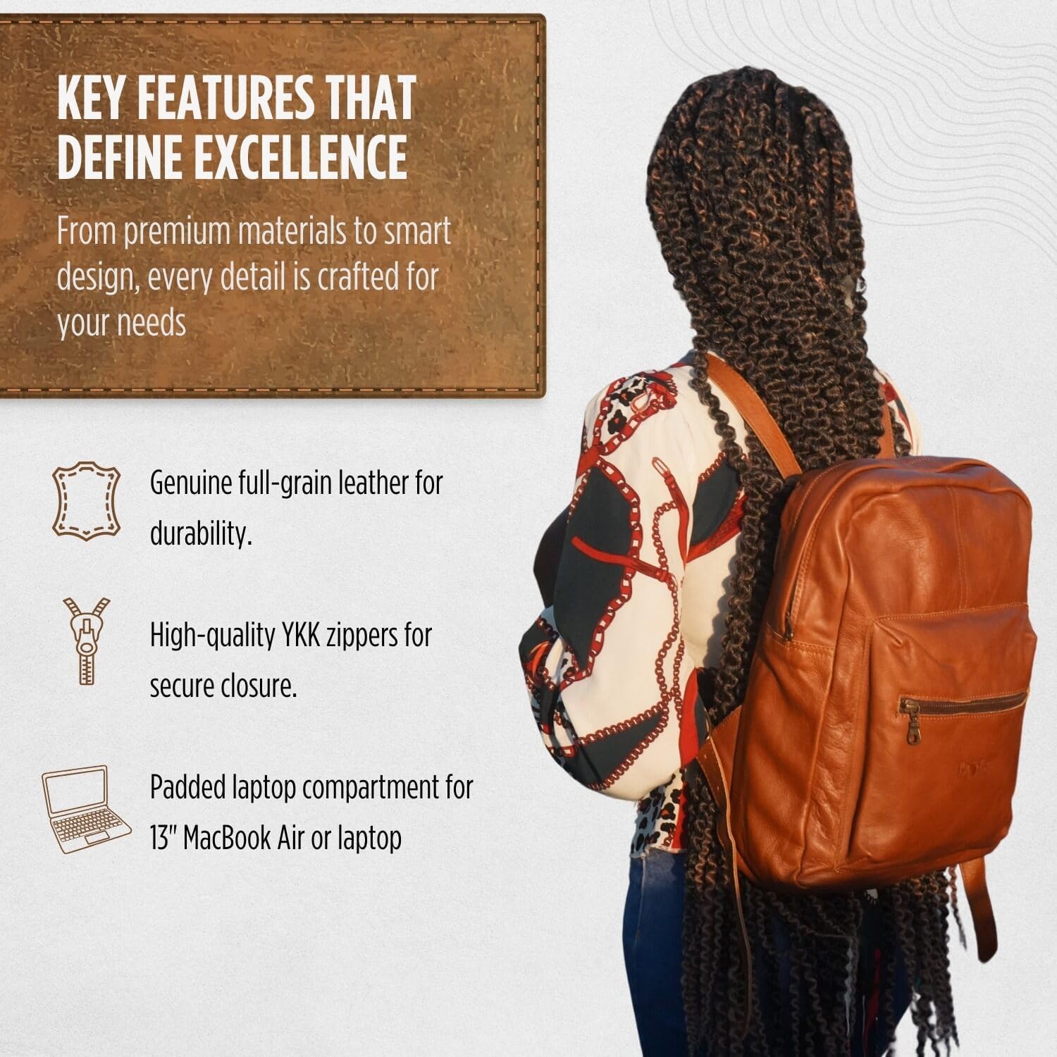 KING KONG Leather Laptop and Notebook Backpack, 13'' Backpack Bag for Men and Women, Full-Grain Cow Leather, 2 Inner and 1 Outside Front Small Zip Compartment, High-Density Foam, Pecan