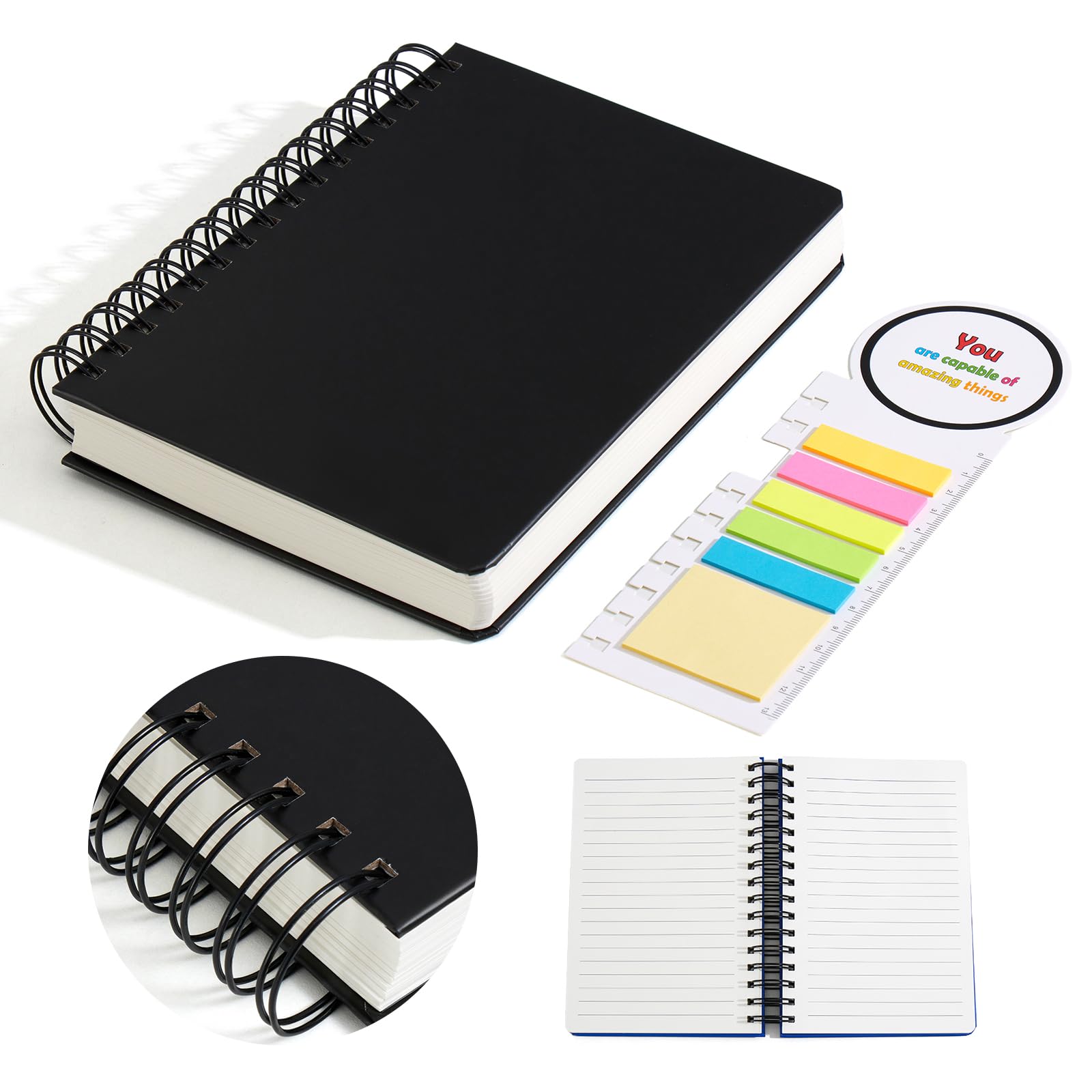 KIFZM A5 Notebook Lined 320 Pages/160 Sheets, Wirebound Spiral Notepad Multi-Coloured, 100gsm Thick Paper,Hardcover, Writing Journal for College Work Office School,Women,Men (Black)