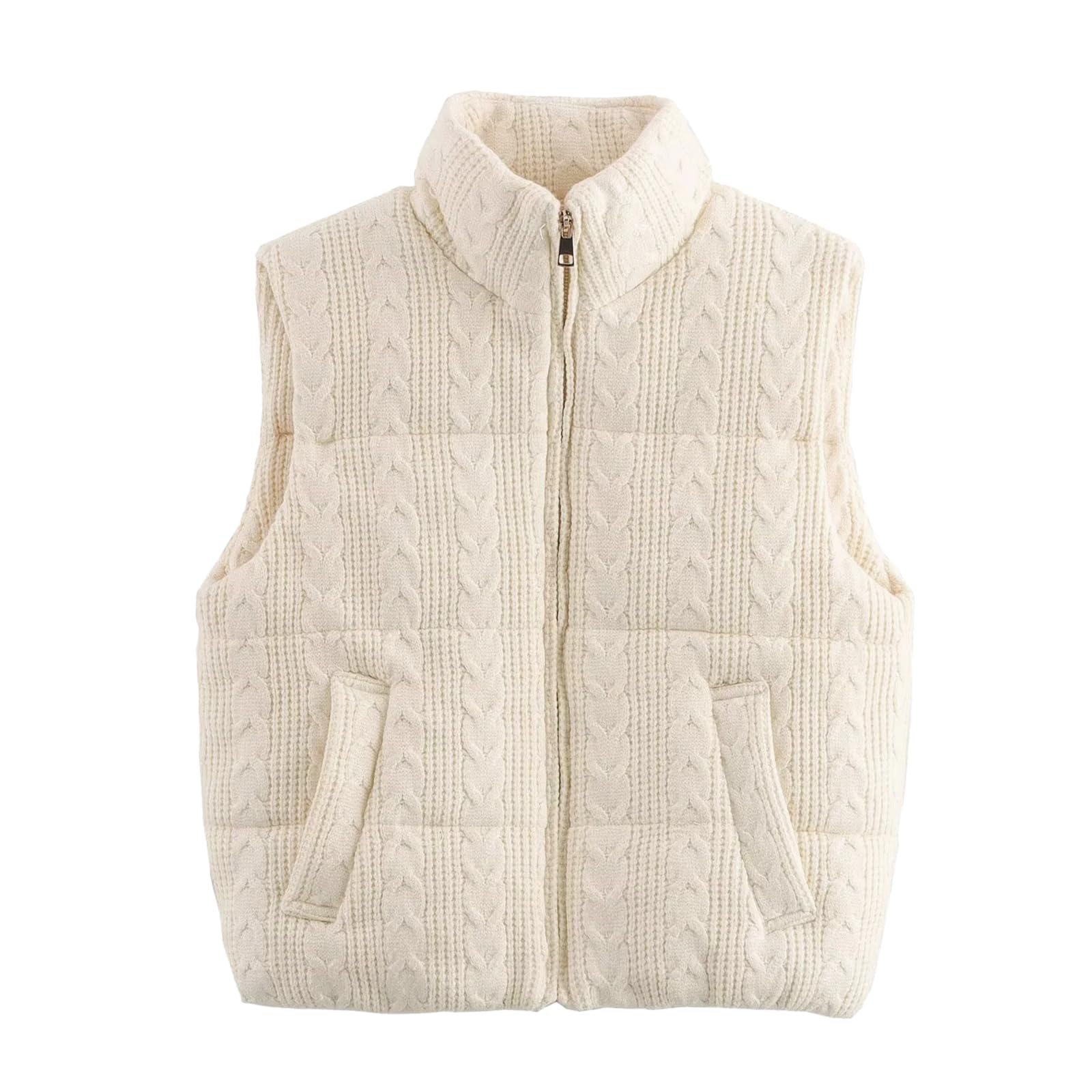 Womens Cable Knit Puffer Vest High Neck Zip Up Cropped Sweater Vest Warm Quilted Sleeveless Jacket Outerwear