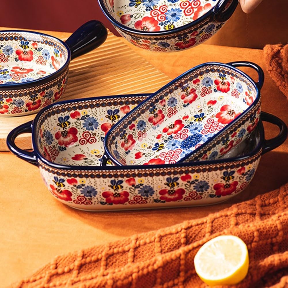Prostokątny zestaw kolorowych naczyń kuchennych z 2 podwójnymi uchwytami ceramicznymi formami do pieczenia i głębokimi talerzami dekoracyjnymi