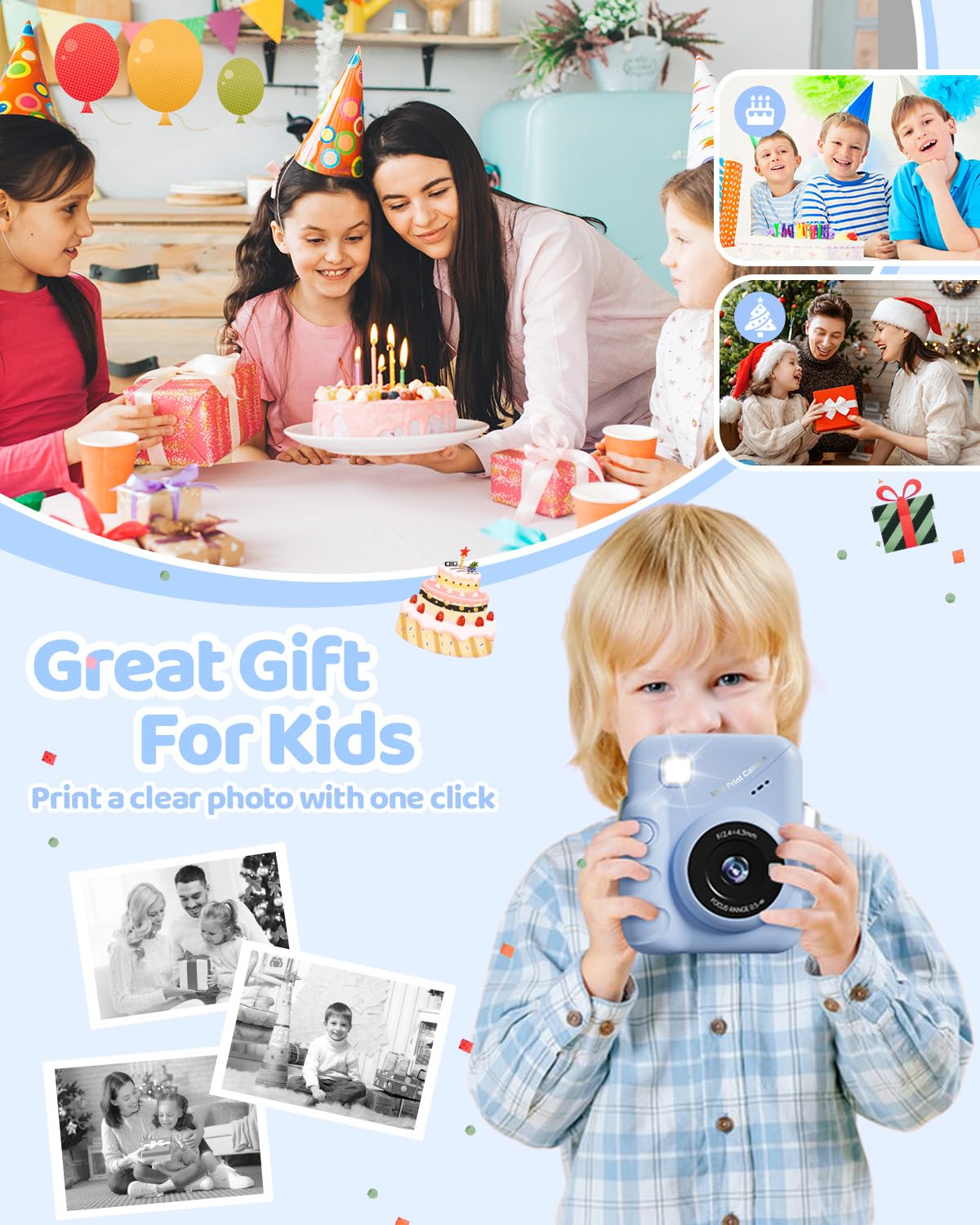 TIATUA Macchina Fotografica Bambini Istantanea, 3.0 Pollici 48MP Fotocamera Digitale Bambini con 32GB Scheda & Papier Photo, Regalo di Natale per Bambin i dai 3-12 Anni