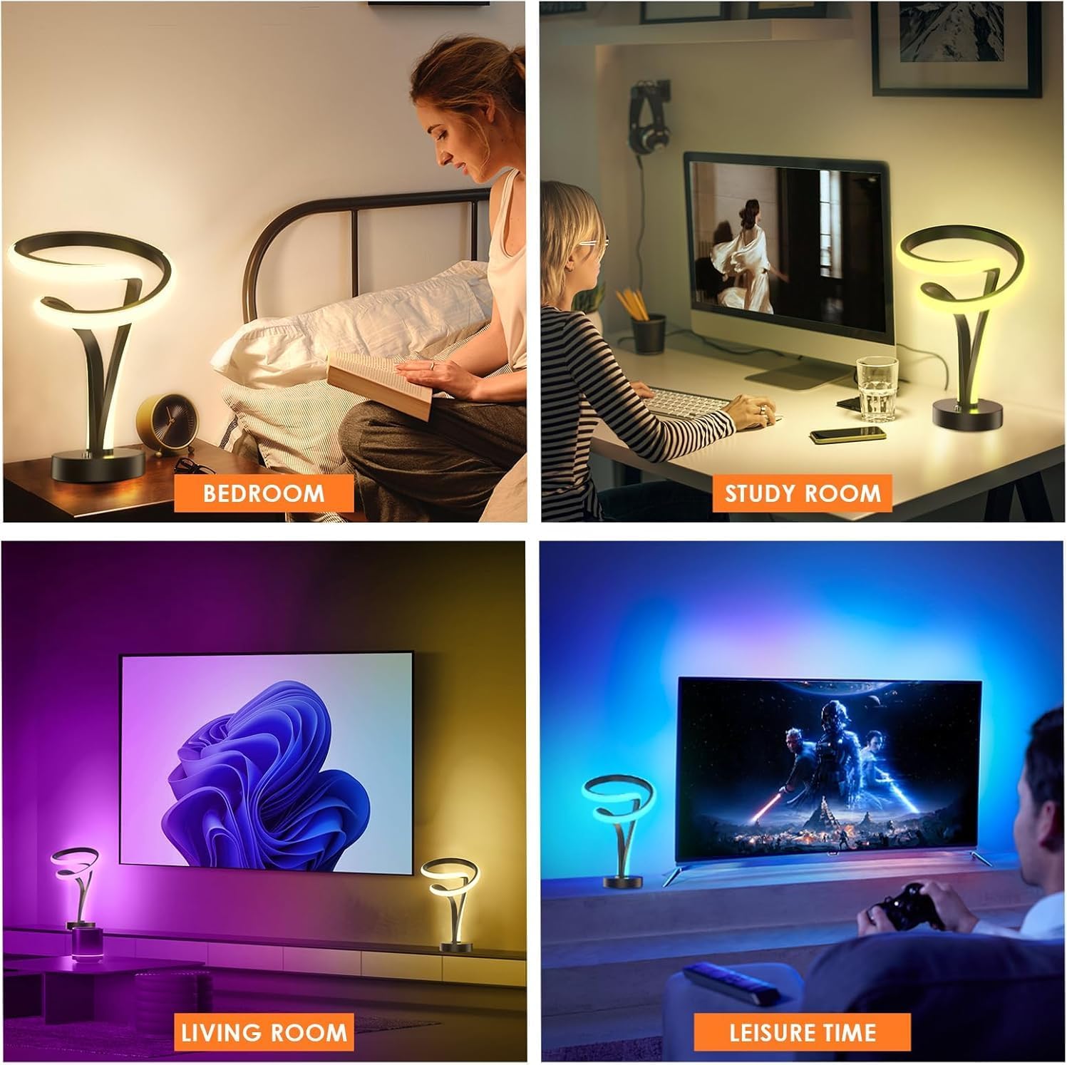 Spiral RGB LED Table Lamp - 7 Colors Touch Dimmable, 10 Lighting Modes Night Light for Bedroom Office, USB Powered Modern Desk Lamp, Ideal Gift (Black)
