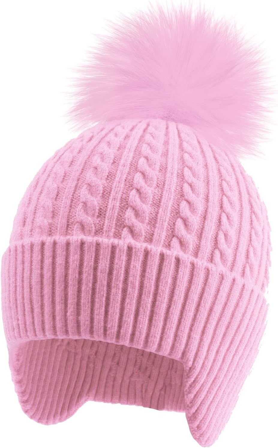 Toddler Earflap Beanie Hat with Pom Pom, Girls Boys Knit Cap Warm Winter Hats for Kids