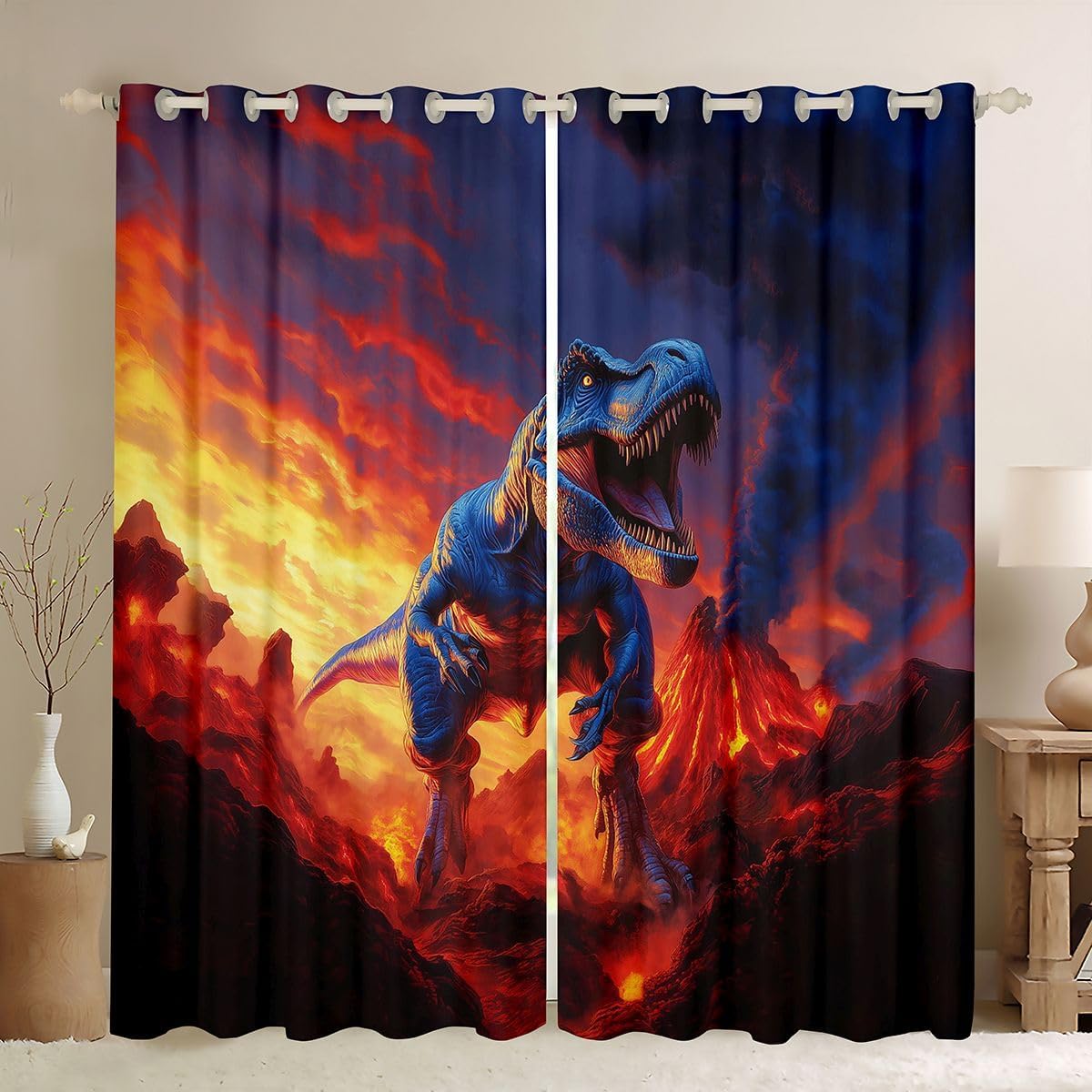 Feelyou Kids Dino Blackout Curtains Dinosaur Darkening Drapes for Bedroom Living Room Decor Ancient Jungle Dinosaur Thermal Insulated Shades Volcano Window Treatments, 2 Panels 38 x 54 Inch