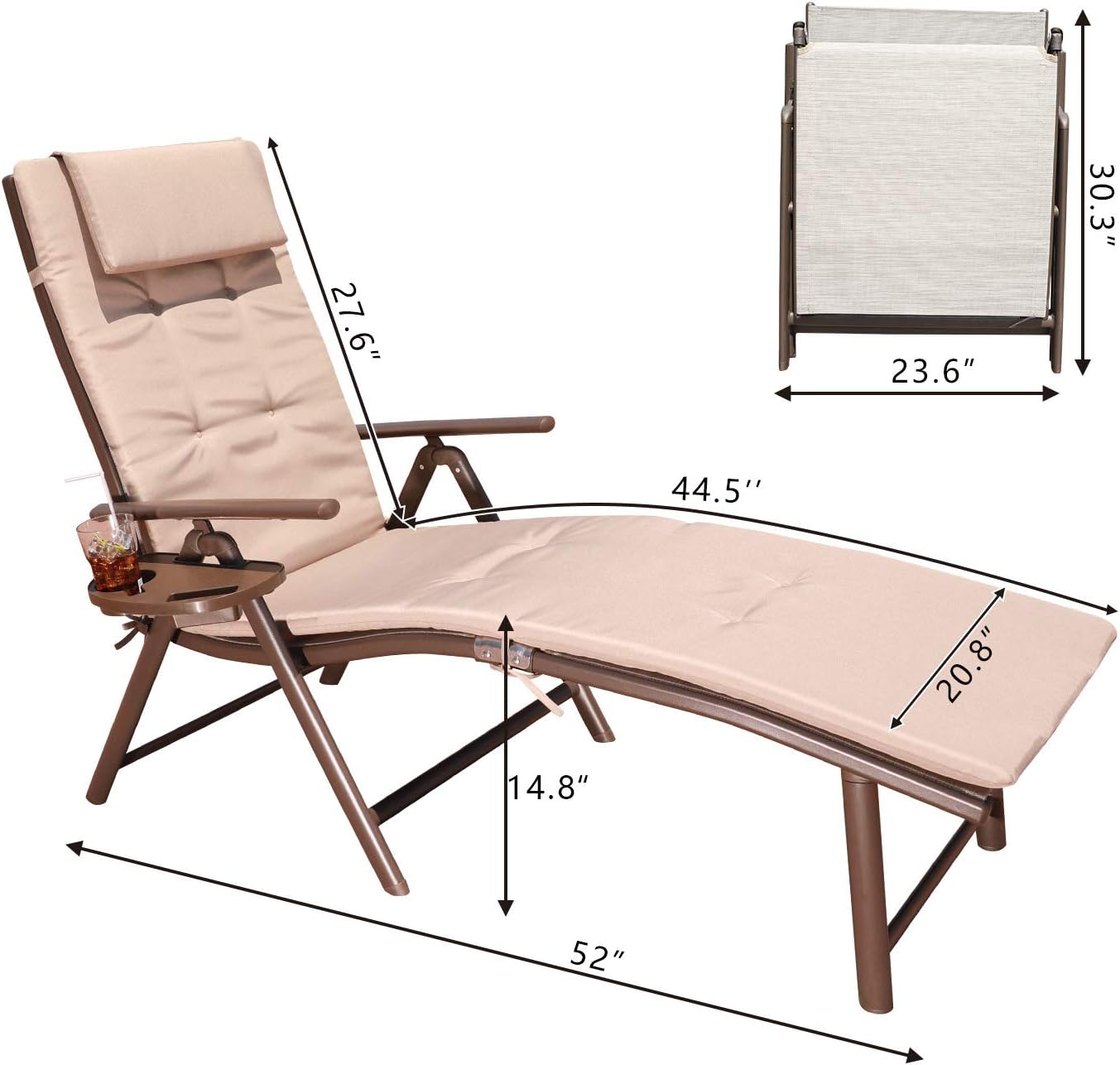 GOLDSUN Aluminum Outdoor Foldable Reclining Sun Lounger Adjustable Chaise Lounge Chair for Outdoor Patio Beach Porch Swing Pool (Beige with Caramel Cushion) : Garden & Outdoor