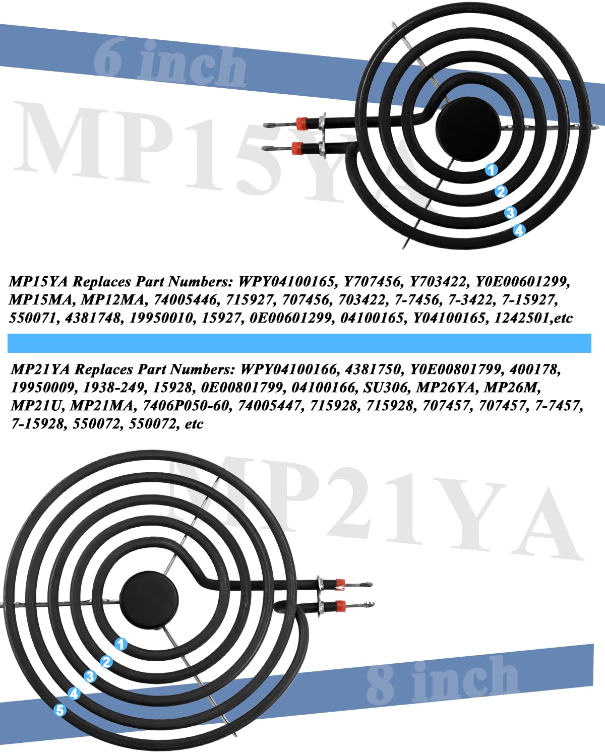 MP22YA zestaw 4 palników elektrycznych, 2 palniki MP21YA 20,3 cm i 2 palniki MP15YA 15,2 cm do kuchenki Frigi-daire Whirl-pool Ken-more Fetechmate