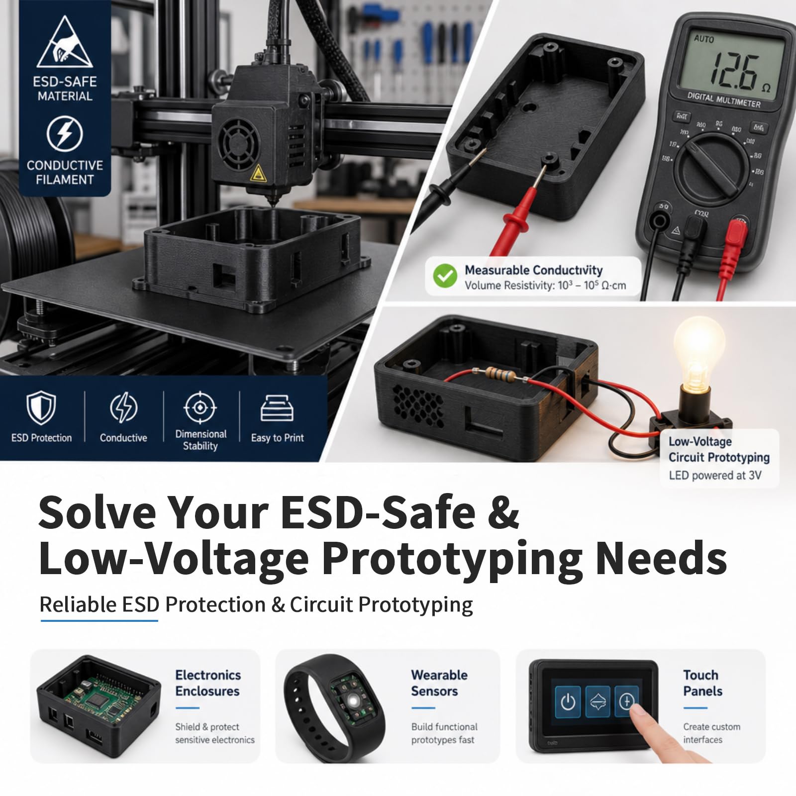 YOUSU Filamento de PLA conductivo de 1,75 mm para impresora 3D y bolígrafo 3D, Precisión dimensional de +/-0,03 mm,1 kg/2.2lbs, PLA conductivo negro