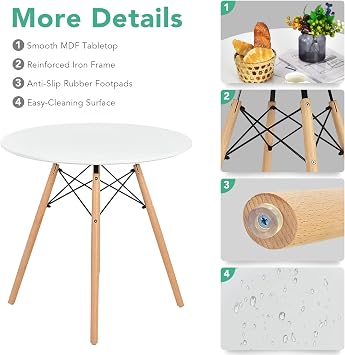 Giantex Round Dining Table Set for 2, 31.5 Kitchen Table and Chairs with Solid Wood Legs, Plastic Seats, Metal Frame, Space Saving Dinette Set for Living Room, Apartment, Home Office (White+Natural)