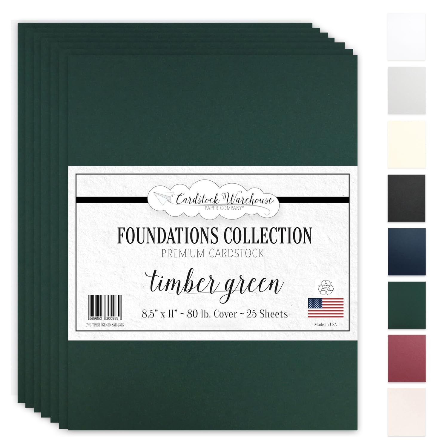 Cardstock Warehouse Foundations 100% Recycled Timber Green Forest Cardstock Paper - 25 Sheets 8.5 x 11 80 lb/215 GSM Premium Dark Green Card stock for