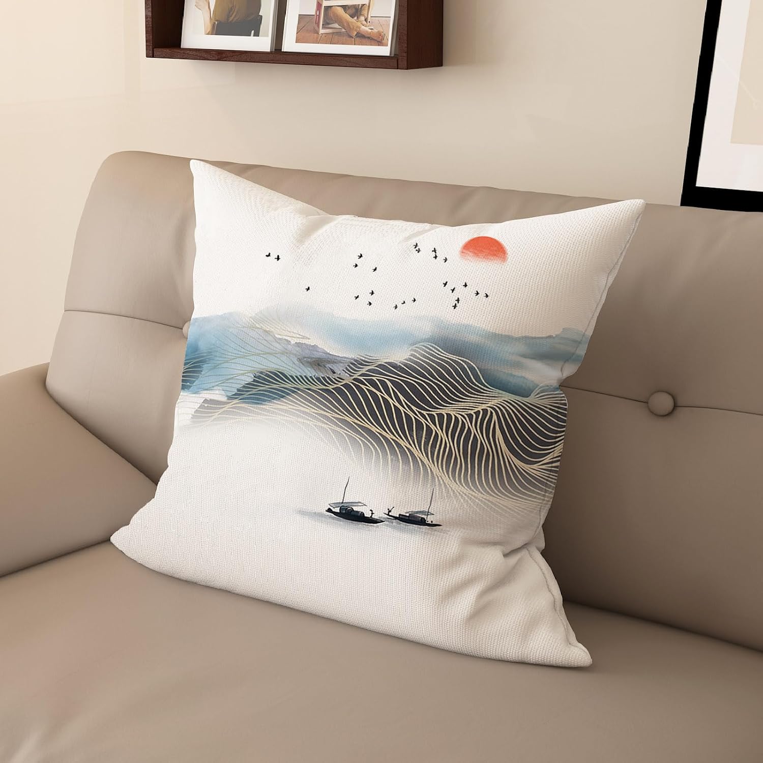 Digital-Printed Blue Landscape Pillow Cover. Linen-Like Blend. Modern Chinese Style for Home Decor.(24 * 32inch,WLSS-D)