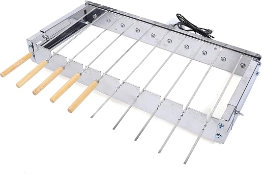 Stainless Steel Electric Barbecue Shish Kabob Skewer Set, Rotisserie Grill Rack with 10 pcs Skewers 360 Degrees Automatic Rotating BBQ Skewer Turner Adjustable Width for Outdoor Party Garden